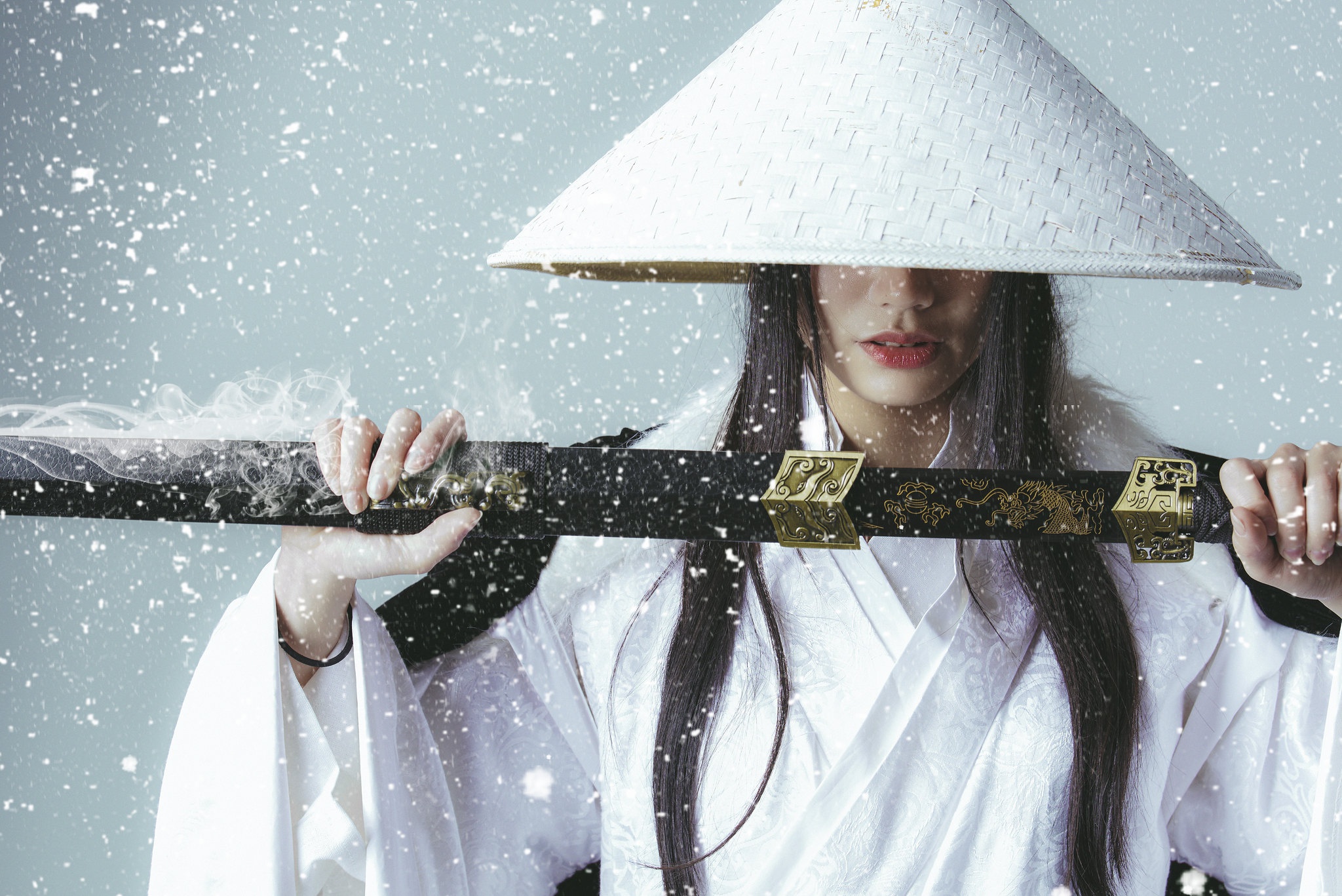 Download mobile wallpaper Model, Women, Sword, Katana, Cosplay, Asian Conical Hat for free.