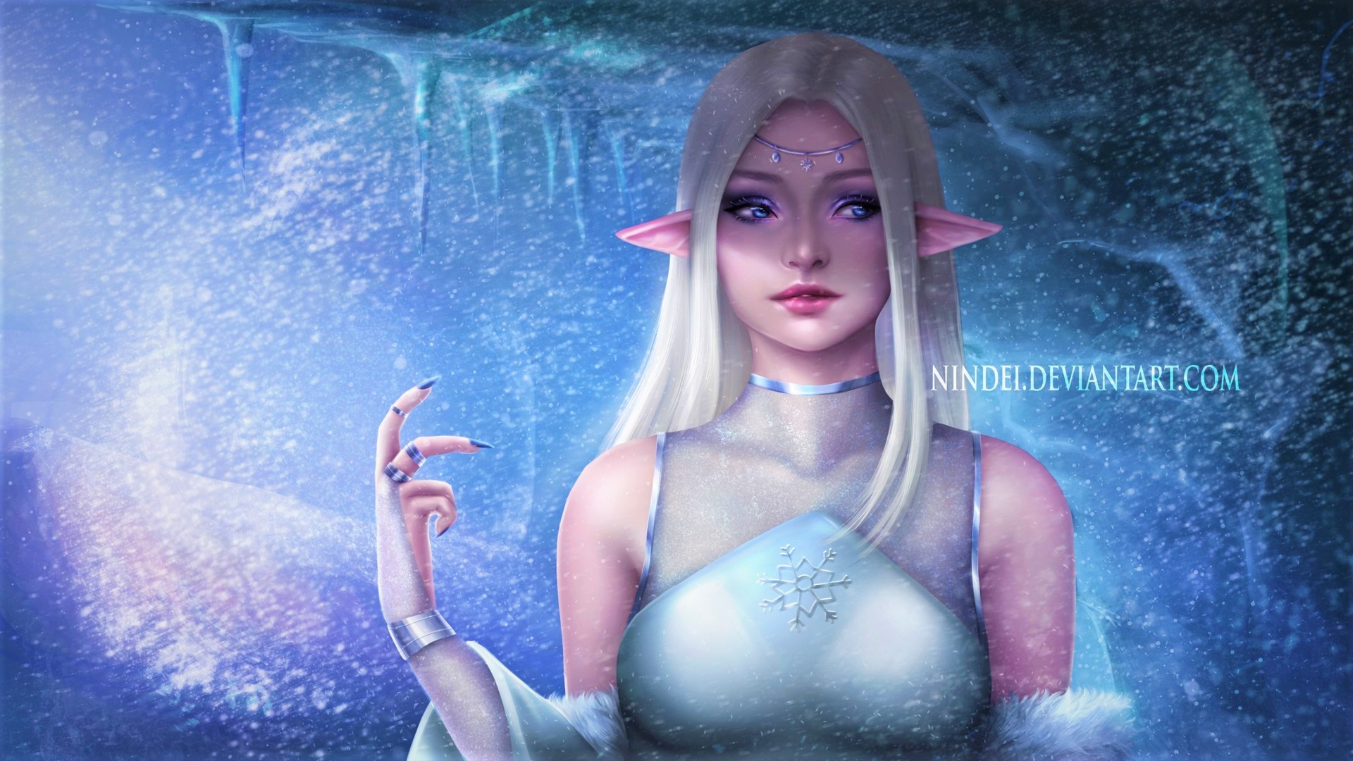 Download mobile wallpaper Winter, Fantasy, Snow, Blonde, Elf, Fairy, Blue Eyes for free.