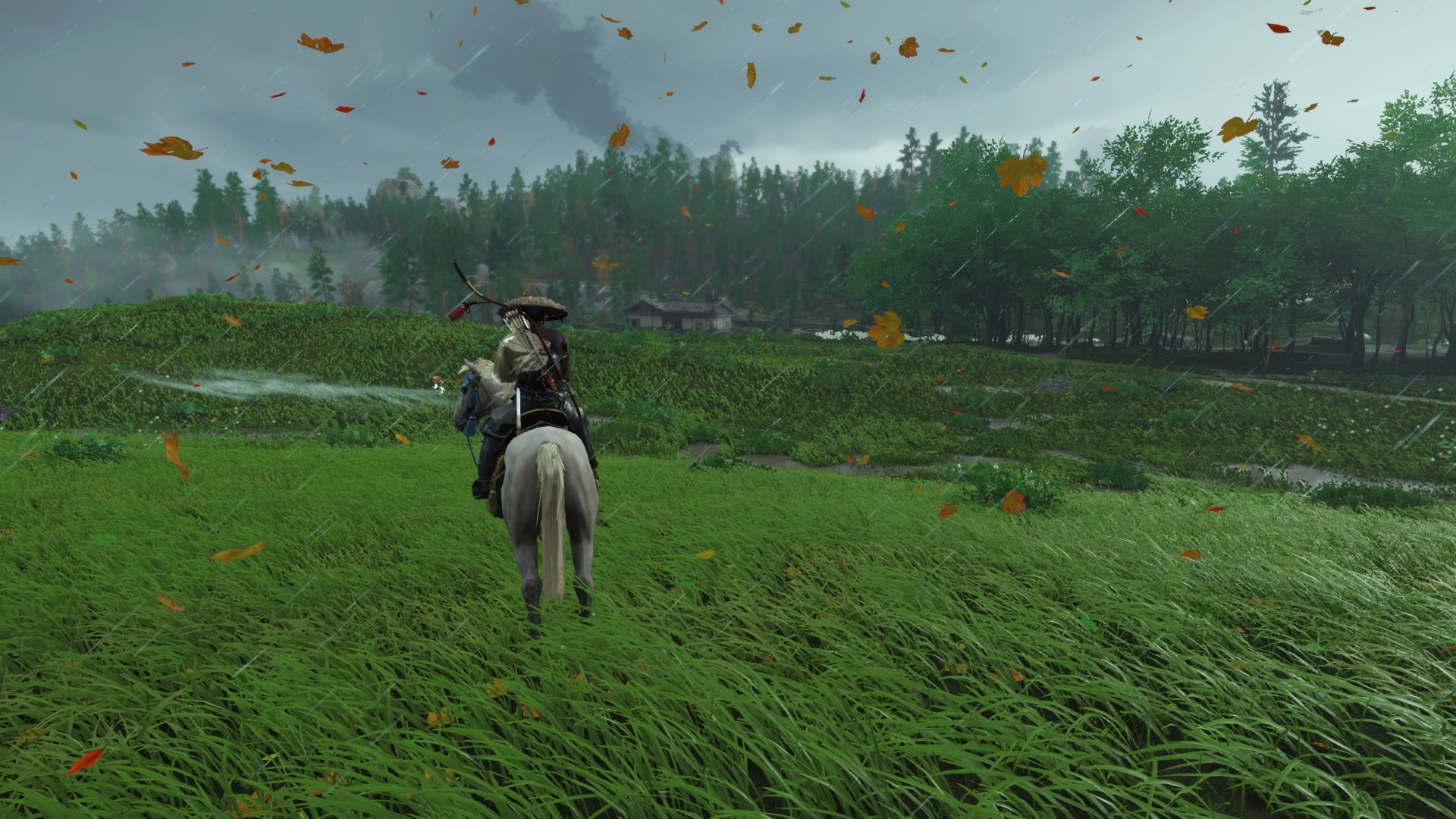 Download mobile wallpaper Grass, Rain, Horse, Samurai, Video Game, Ghost Of Tsushima for free.