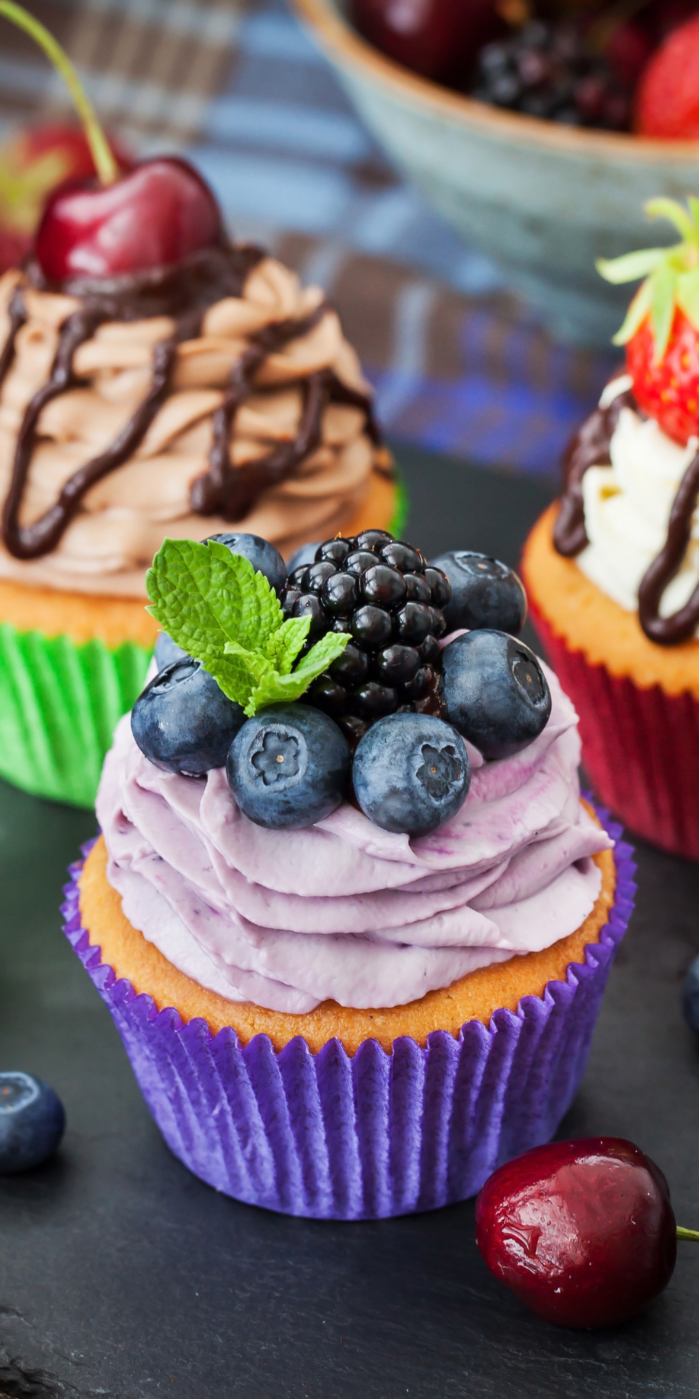Download mobile wallpaper Food, Cherry, Dessert, Blueberry, Cream, Berry, Fruit, Sweets, Cupcake for free.