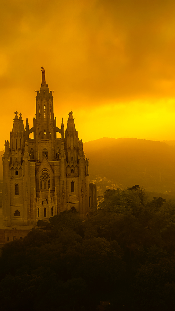 Download mobile wallpaper Cities, Sunset, Barcelona, Panorama, Cathedral, Man Made, Tibidabo for free.