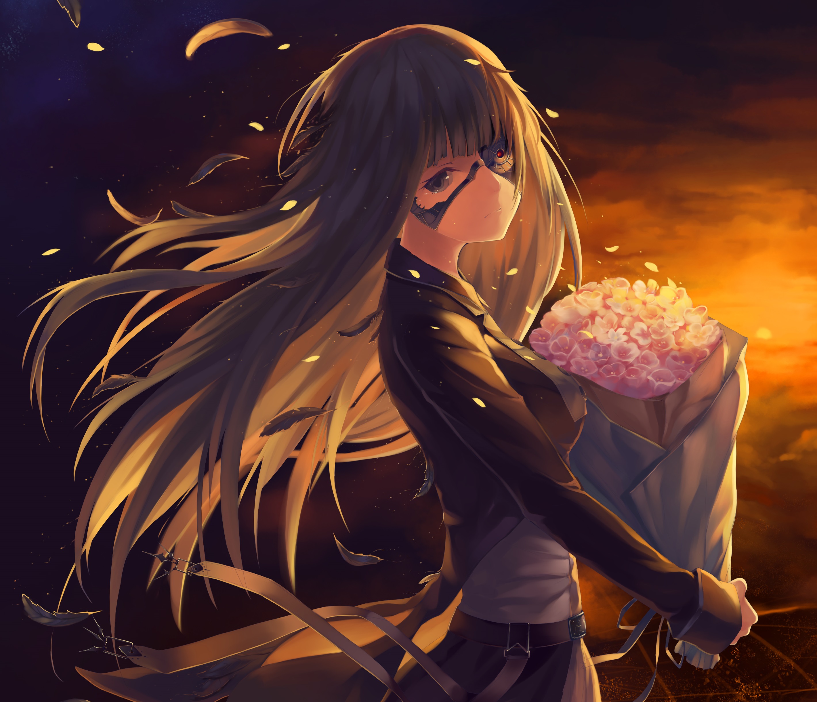 Download mobile wallpaper Anime, Flower, Tears, Original, Long Hair, Brown Hair for free.