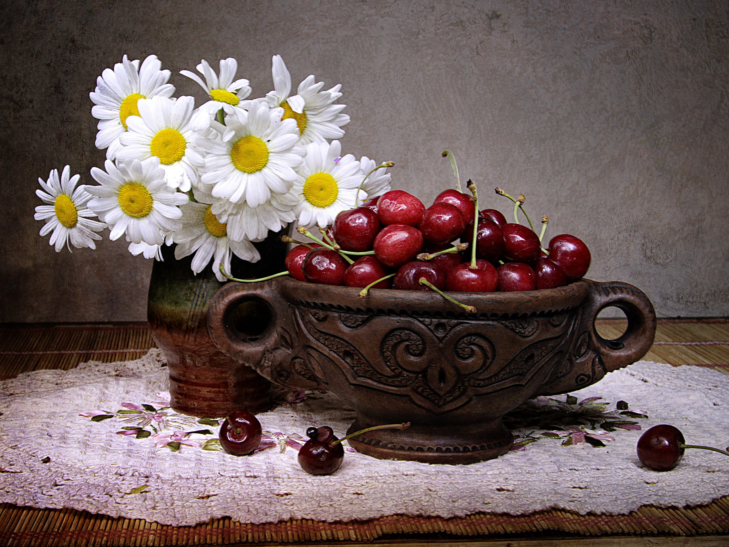 Free download wallpaper Cherry, Camomile, Still Life, Bowl, Photography on your PC desktop