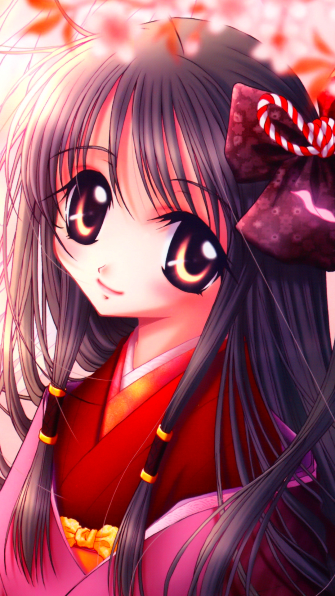 Download mobile wallpaper Anime, Smile, Angel, Kimono, Blush, Brown Eyes, Black Hair, Long Hair for free.