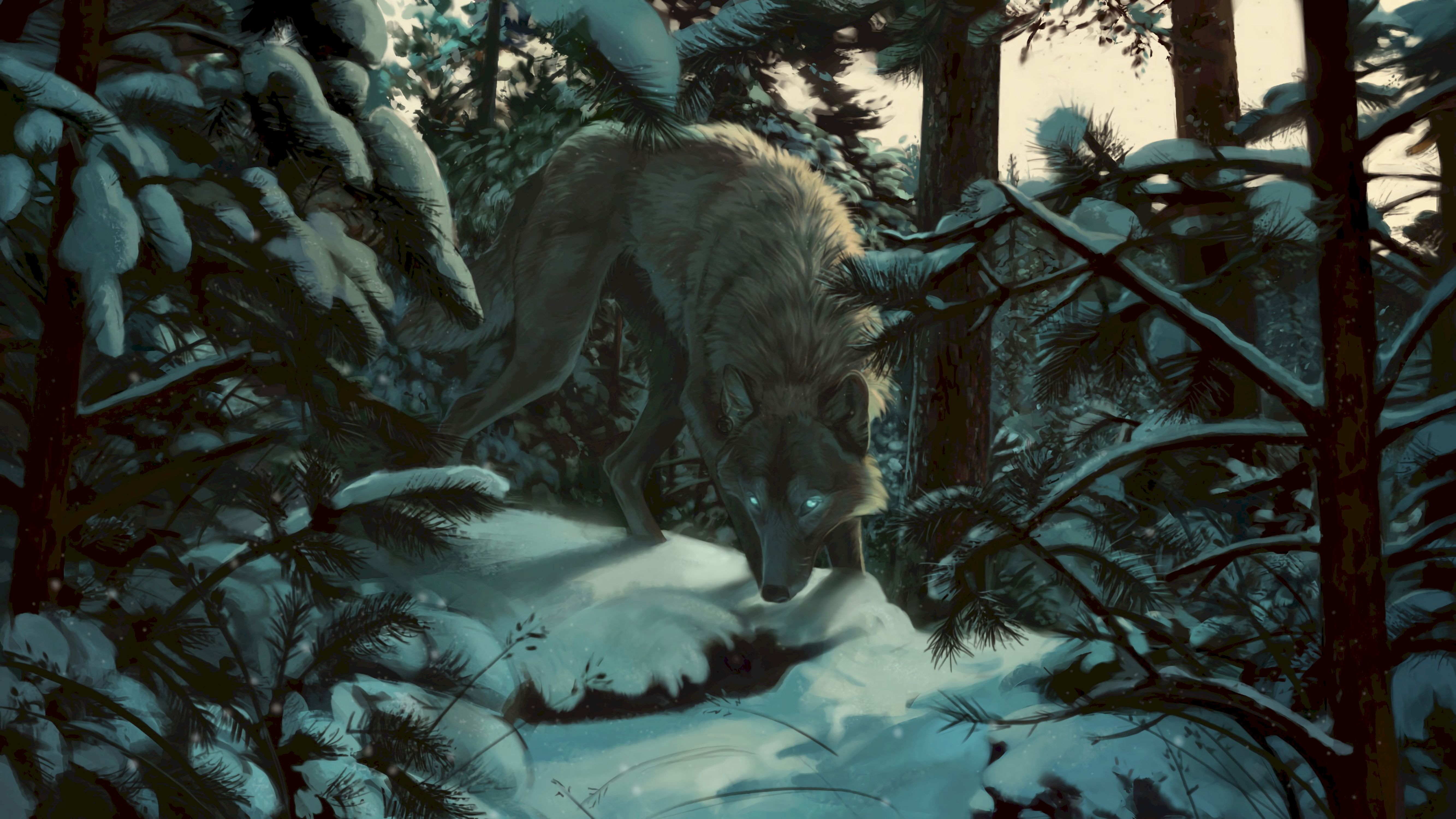 Скачать обои бесплатно Снег, Деревья, Лес, Хищник, Арт, Волк картинка на рабочий стол ПК