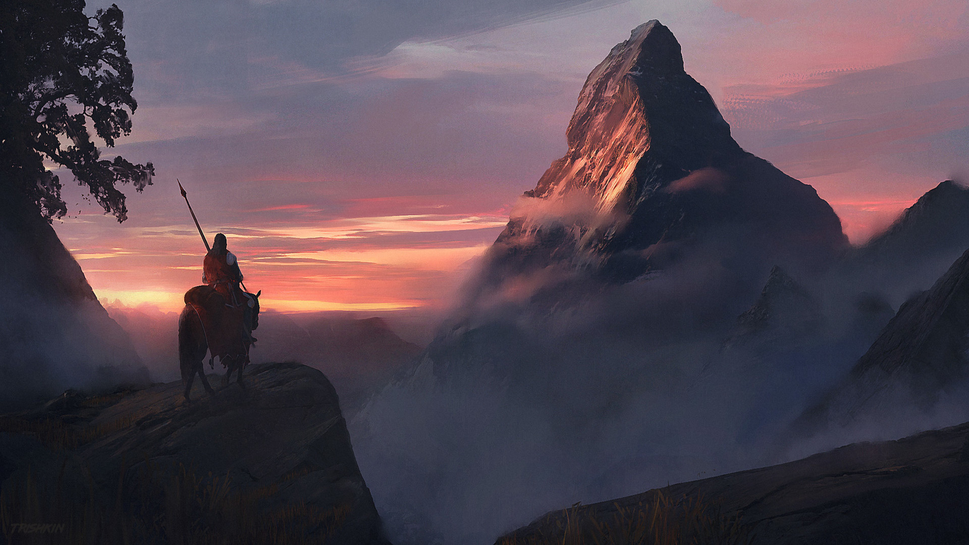 Download mobile wallpaper Landscape, Fantasy, Mountain, Warrior for free.
