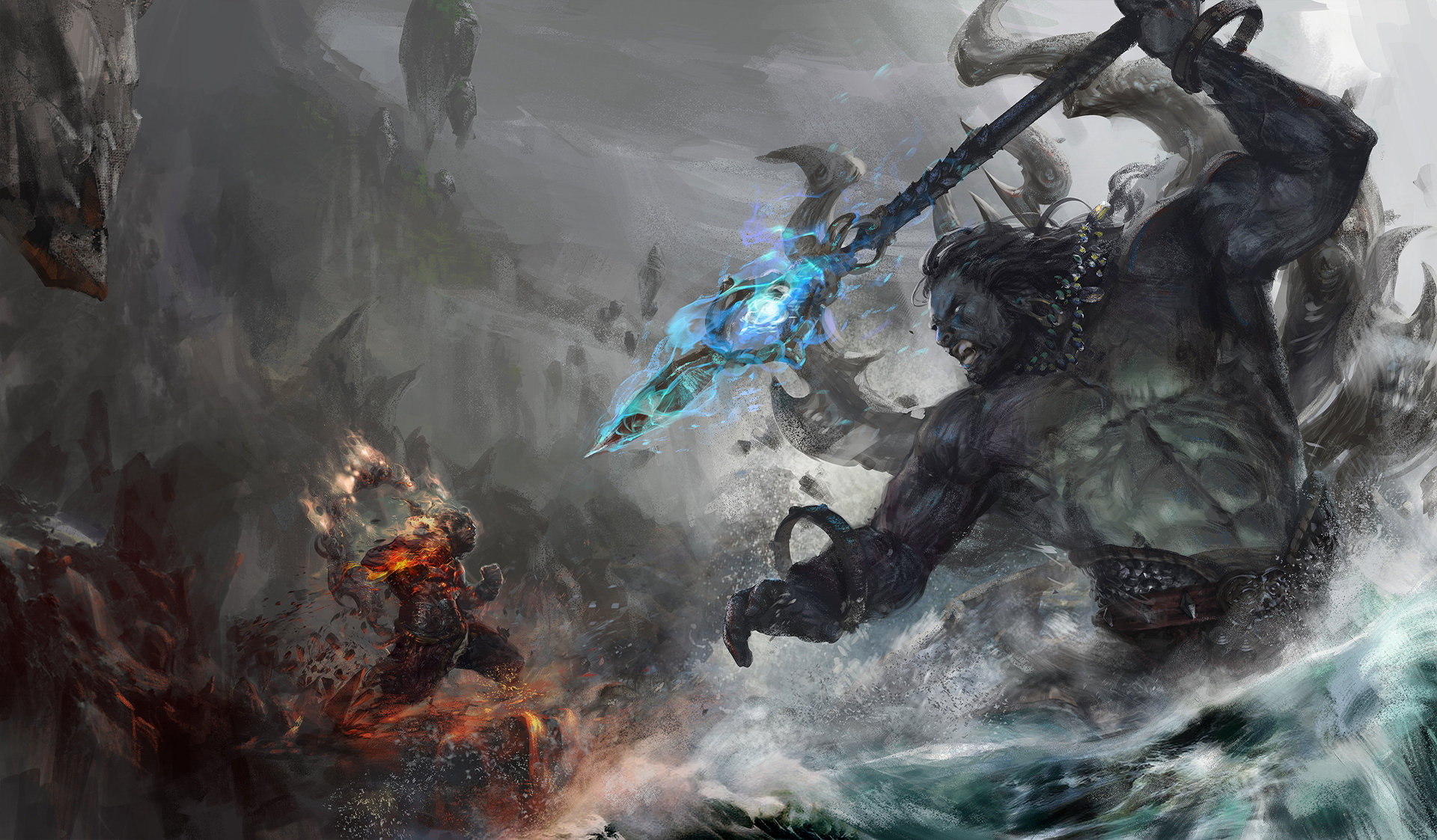 Free download wallpaper Fantasy, Battle, Giant, Spear on your PC desktop