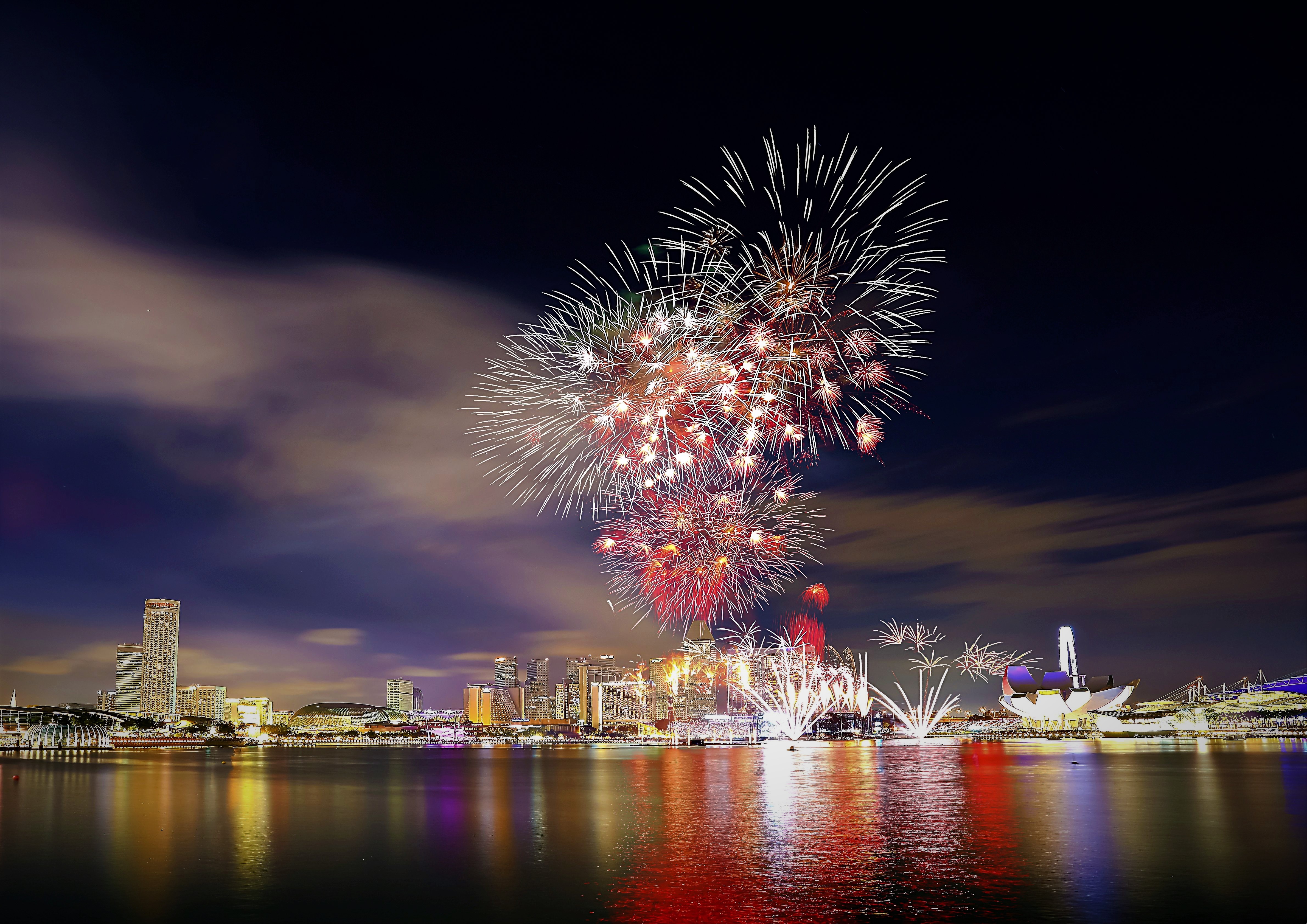 Free download wallpaper Night, City, Colorful, Singapore, Fireworks, Photography on your PC desktop