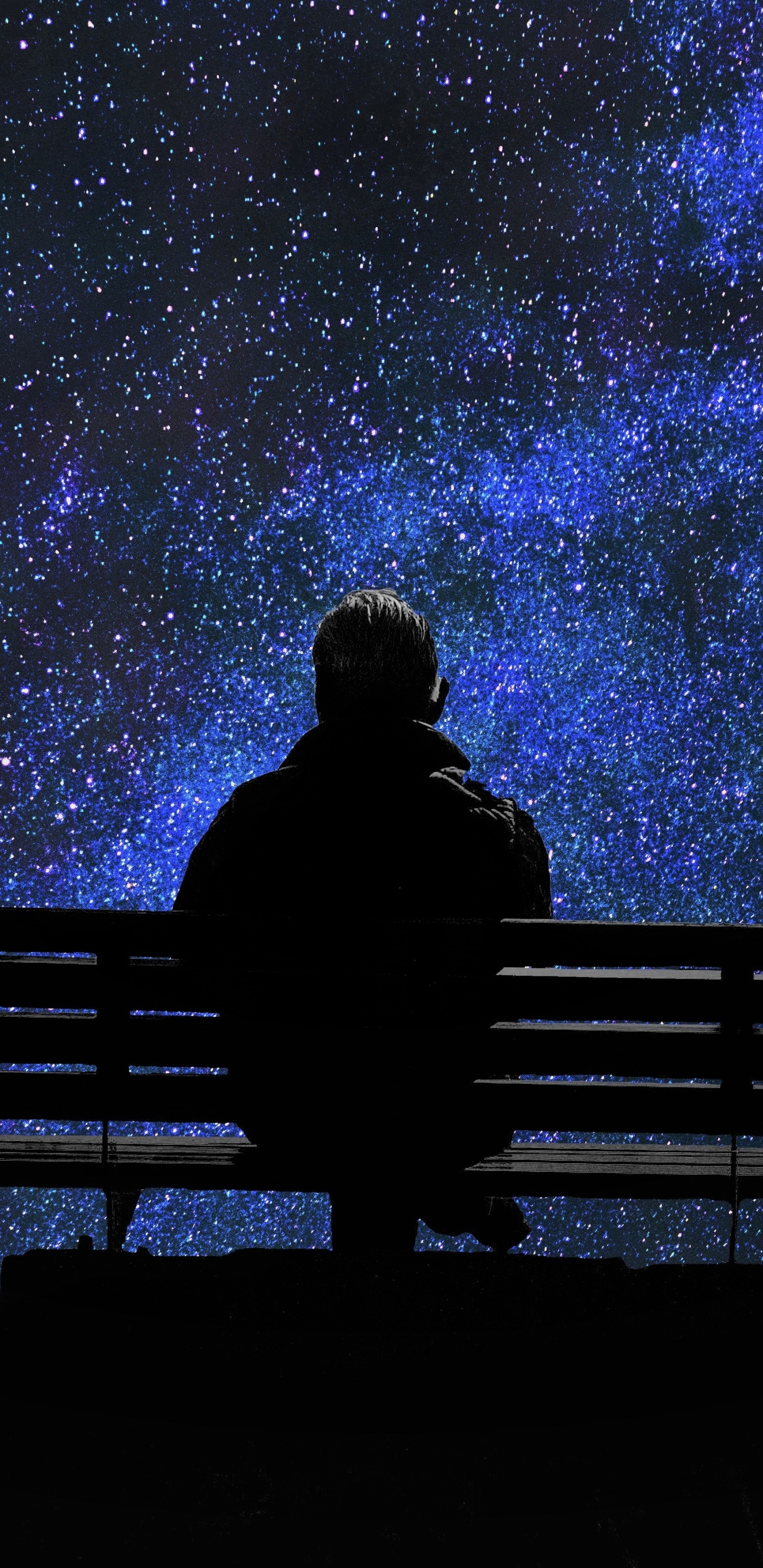 Download mobile wallpaper Sky, Stars, Men, Night, Starry Sky, Bench, Alone, Lonely for free.