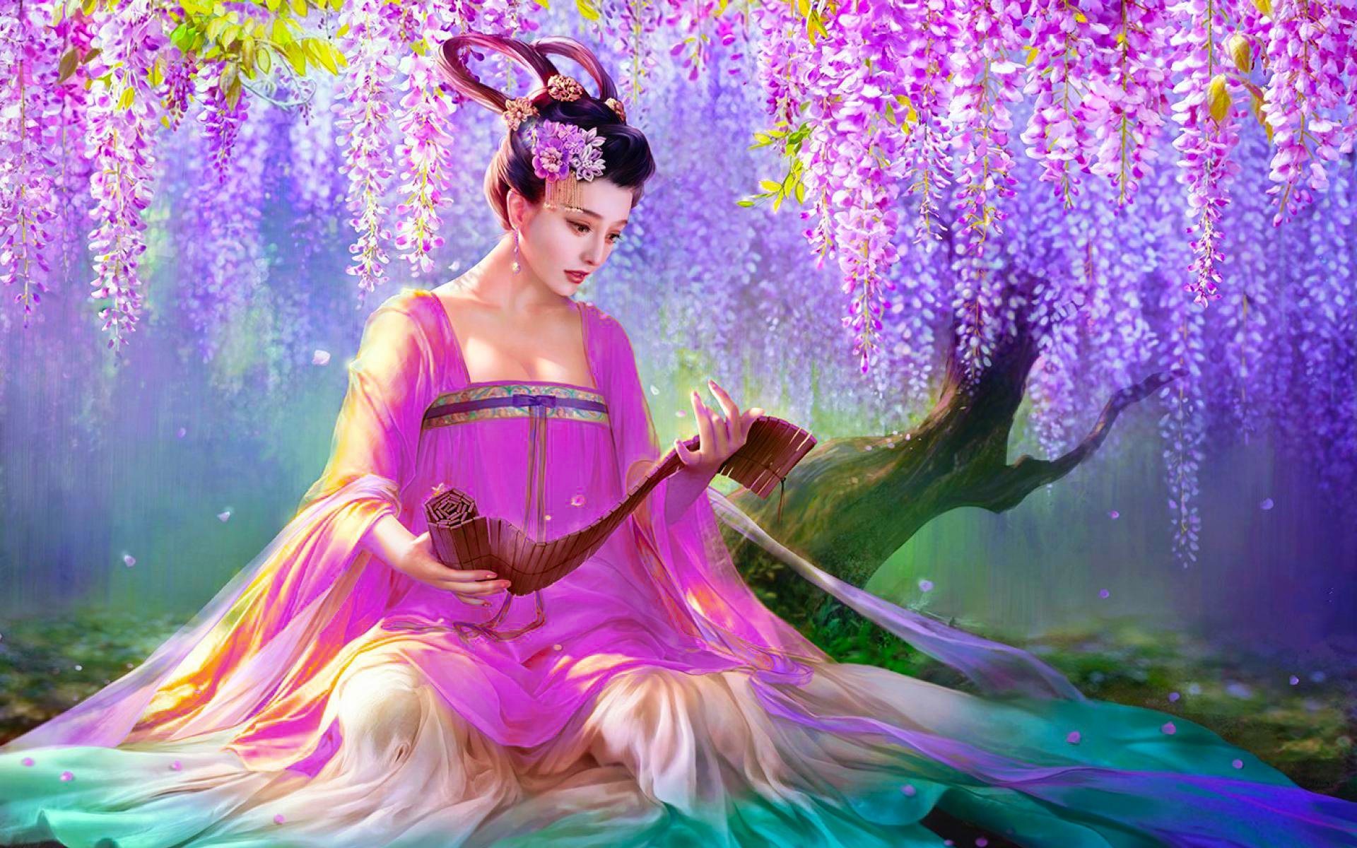 fantasy, women, asian, kimono, oriental, purple flower, wisteria