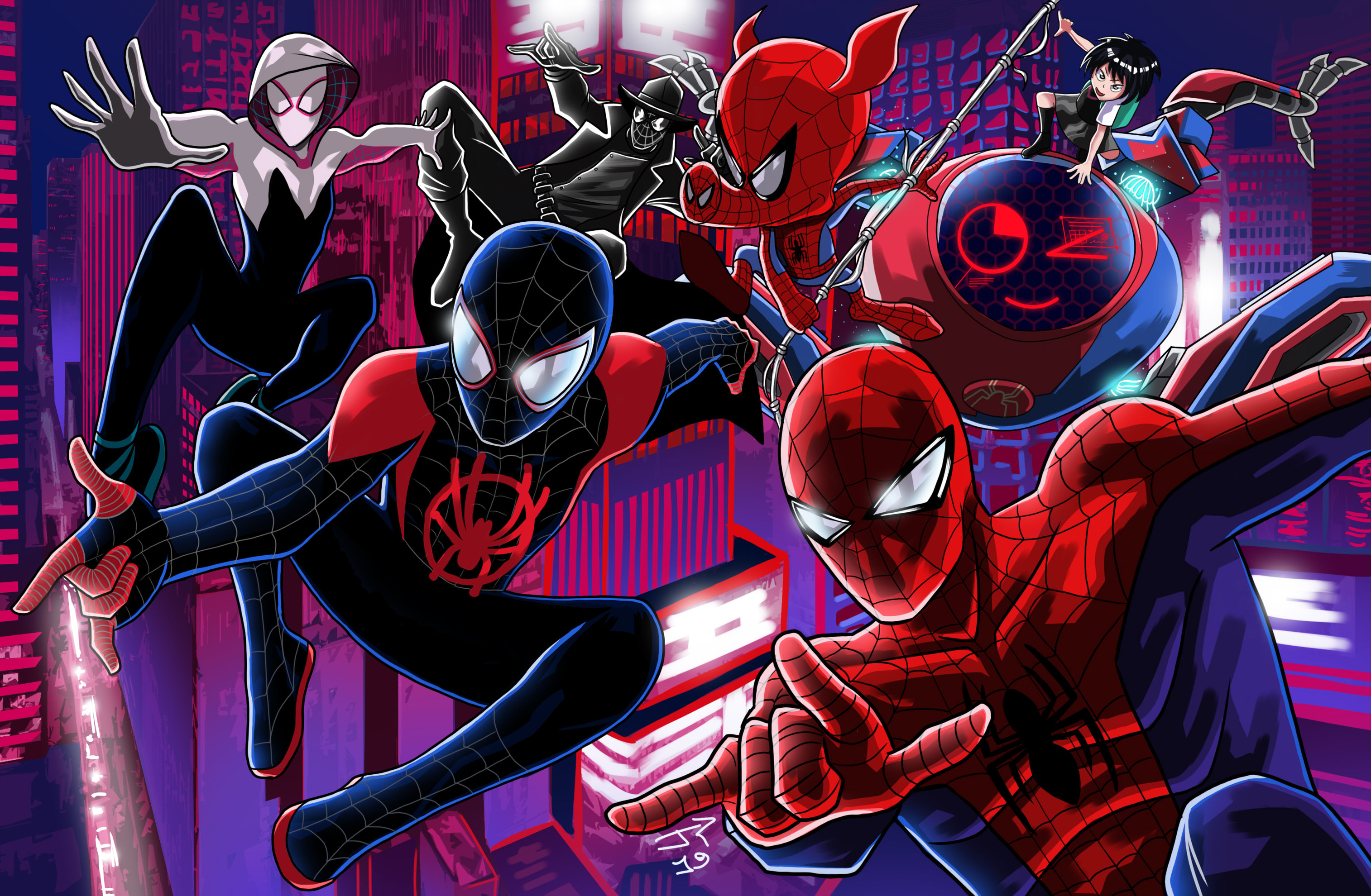 spider man noir, spider man: into the spider verse, movie, miles morales, peni parker, spider ham, spider man