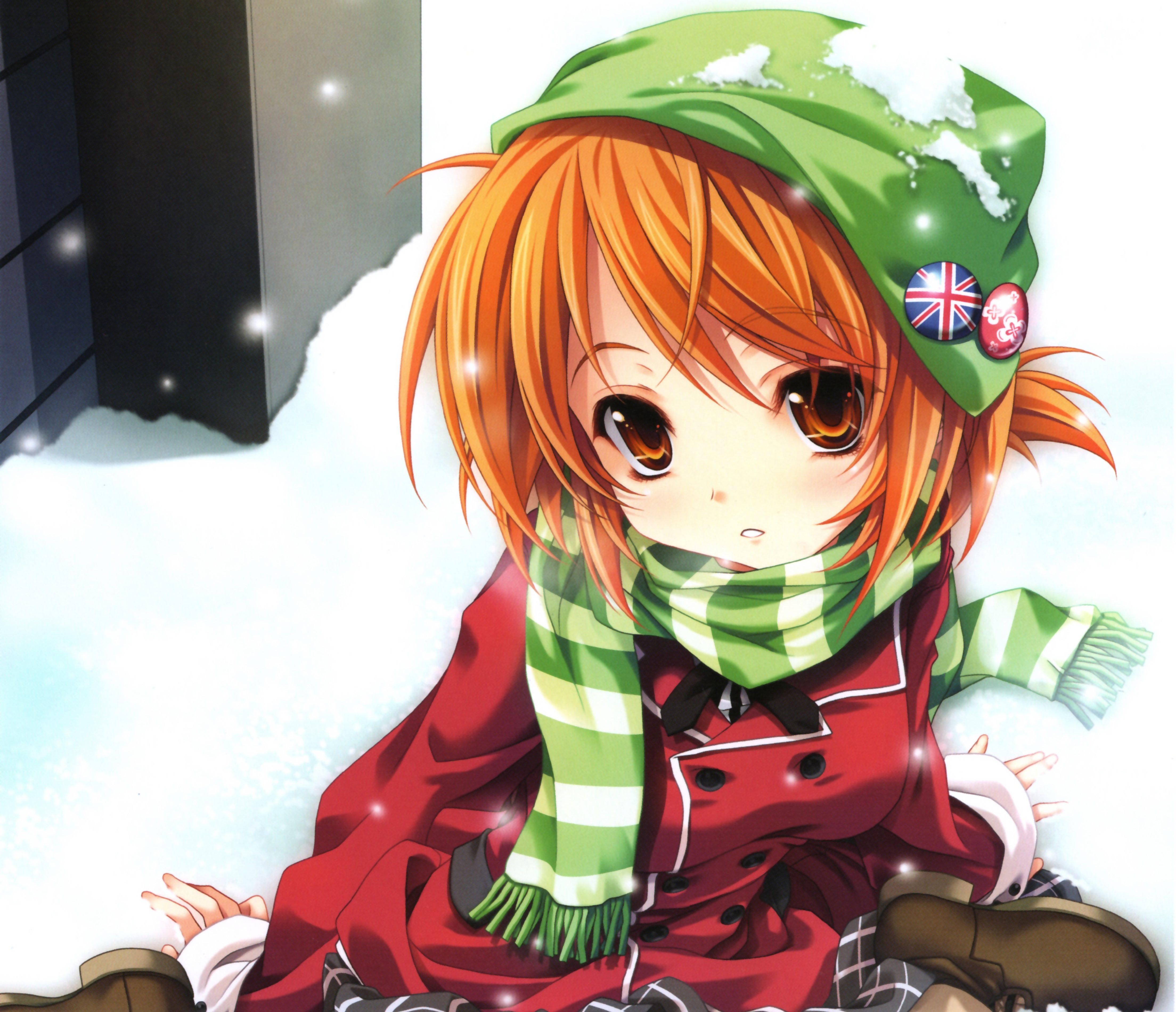 Download mobile wallpaper Anime, Snow, Hat, Coat, Scarf, Original, Blush, Brown Eyes, Short Hair, Orange Hair for free.