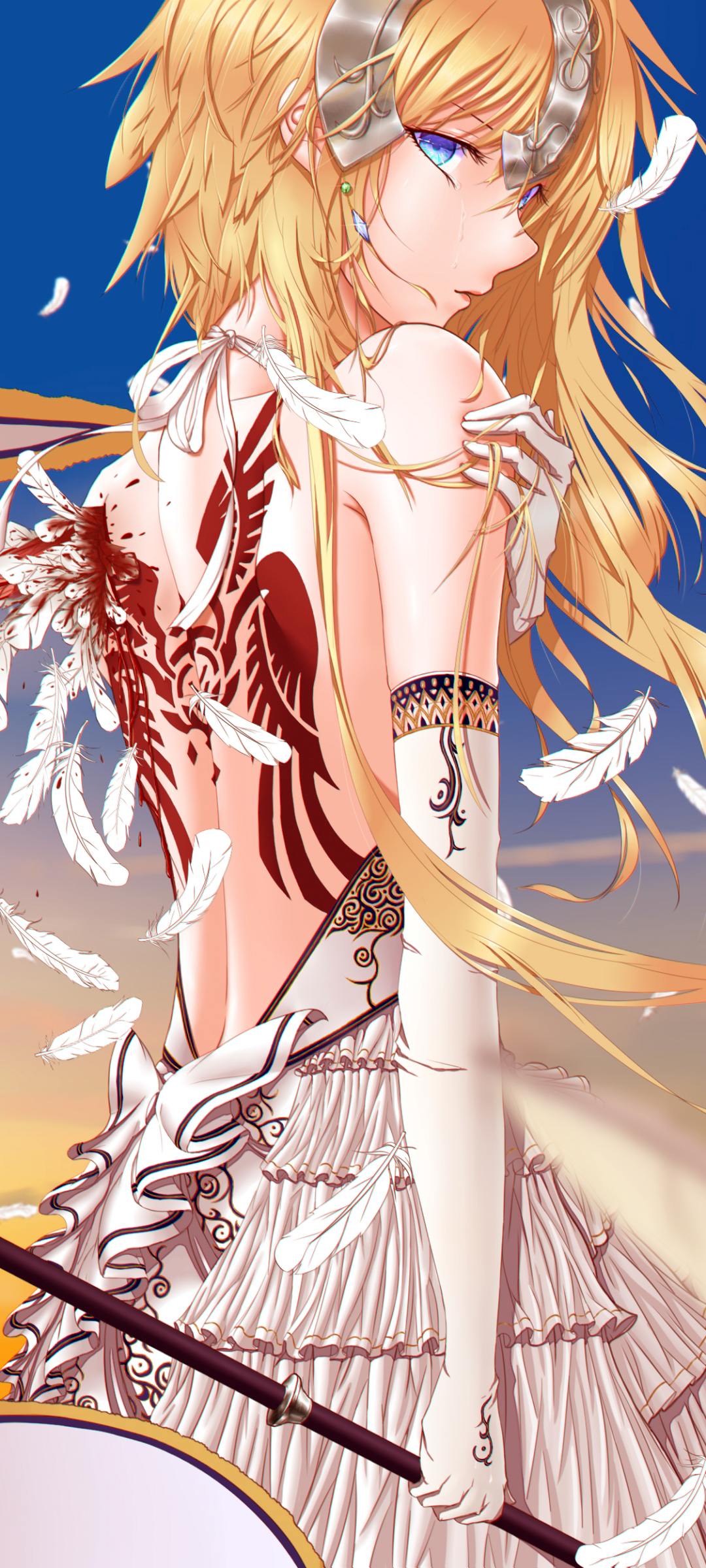 Download mobile wallpaper Anime, Blood, Feather, Tattoo, Blonde, Blue Eyes, Long Hair, Fate/grand Order, Jeanne D'arc (Fate Series), Ruler (Fate/apocrypha), Fate Series for free.