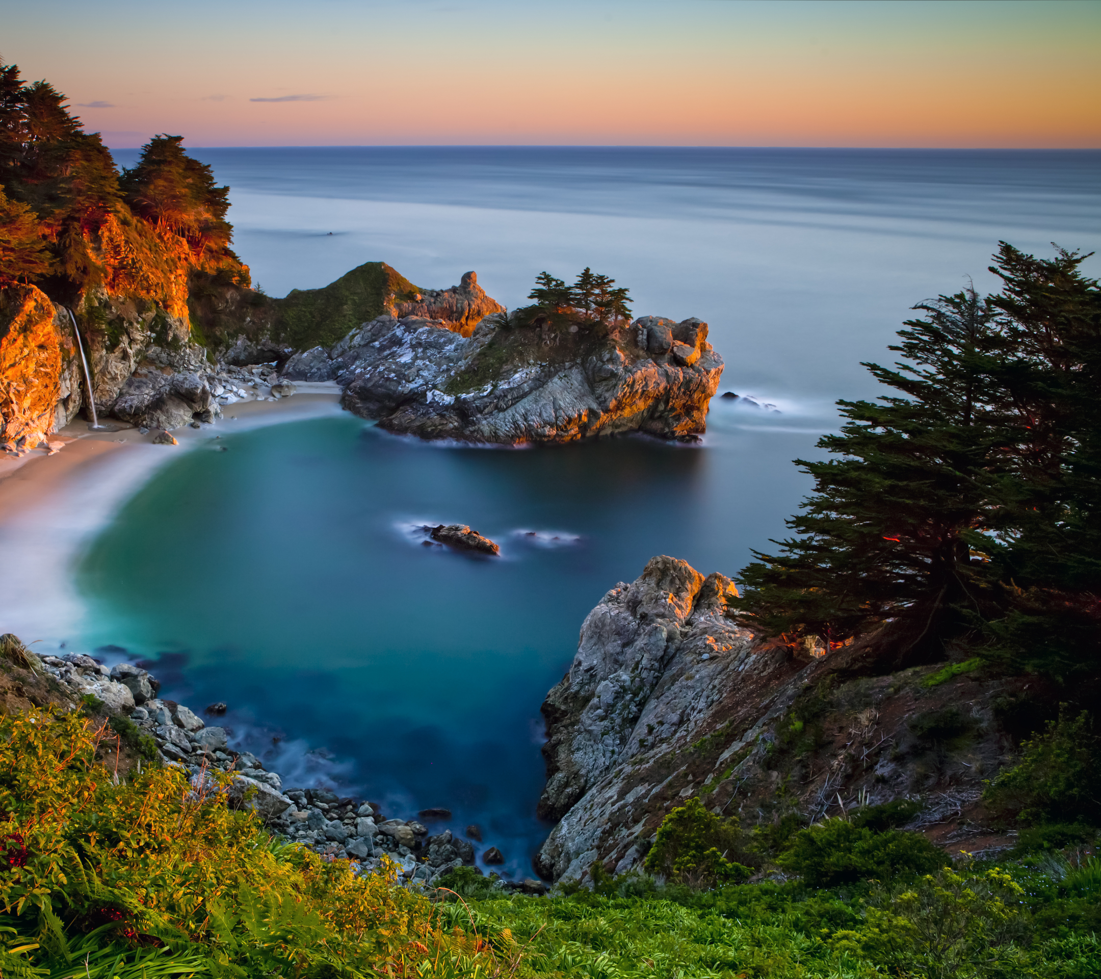 Download mobile wallpaper Beach, Sand, Waterfall, Ocean, Earth, California, Coastline, Big Sur for free.