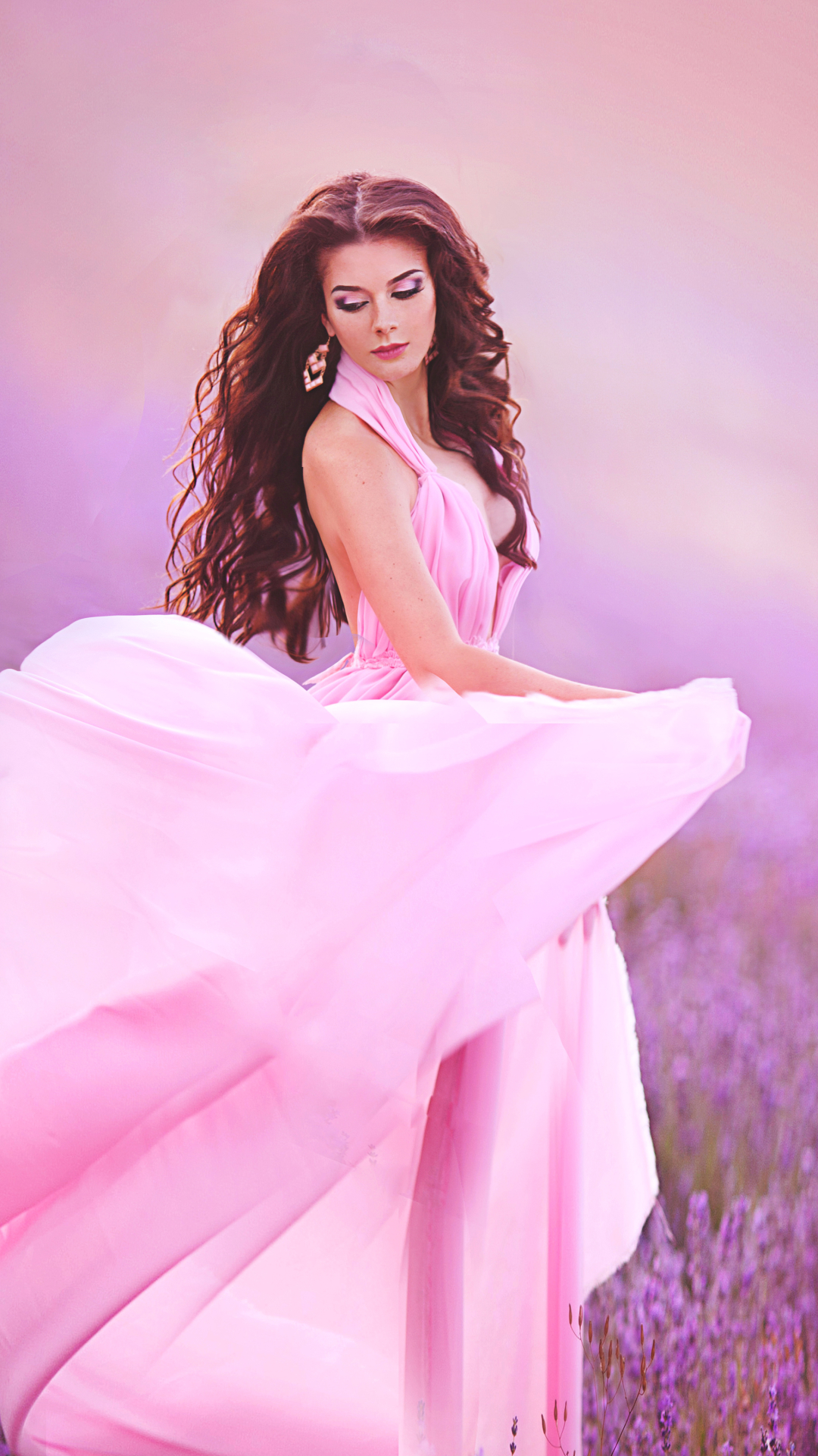 Download mobile wallpaper Brunette, Model, Women, Earrings, Pink Dress for free.