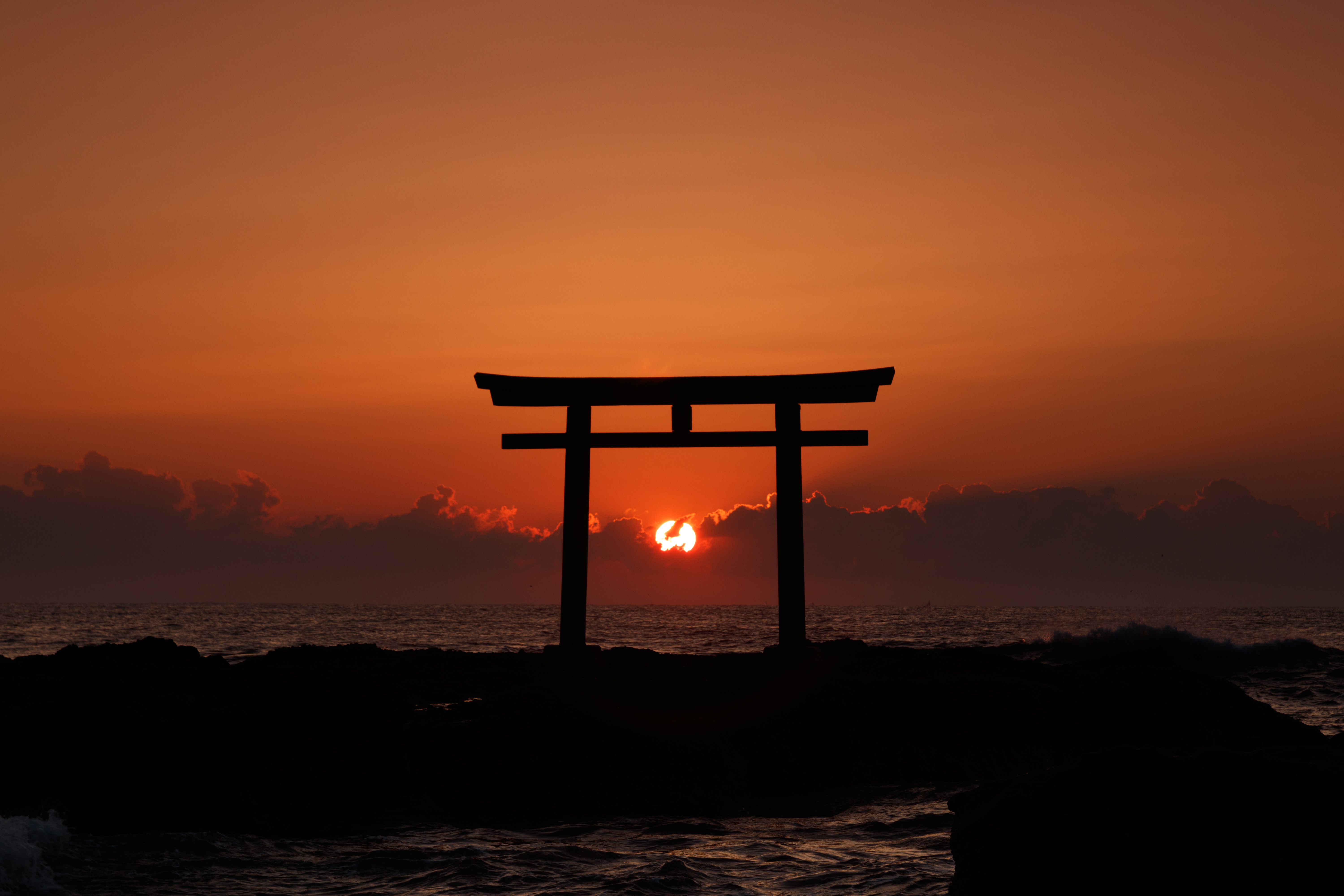 torii, nature, sunset, sea, sun, horizon, arch