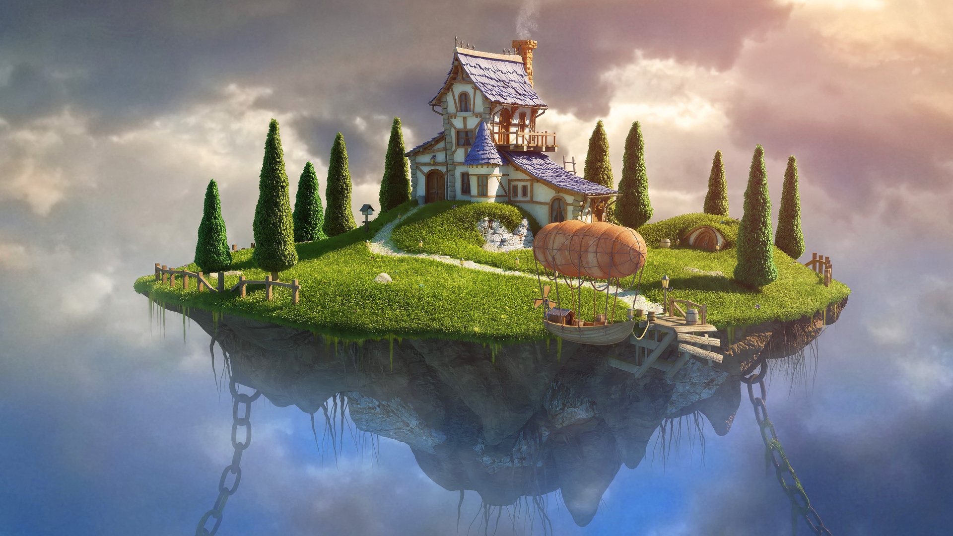 Download mobile wallpaper Fantasy, Grass, Tree, House, Cloud for free.