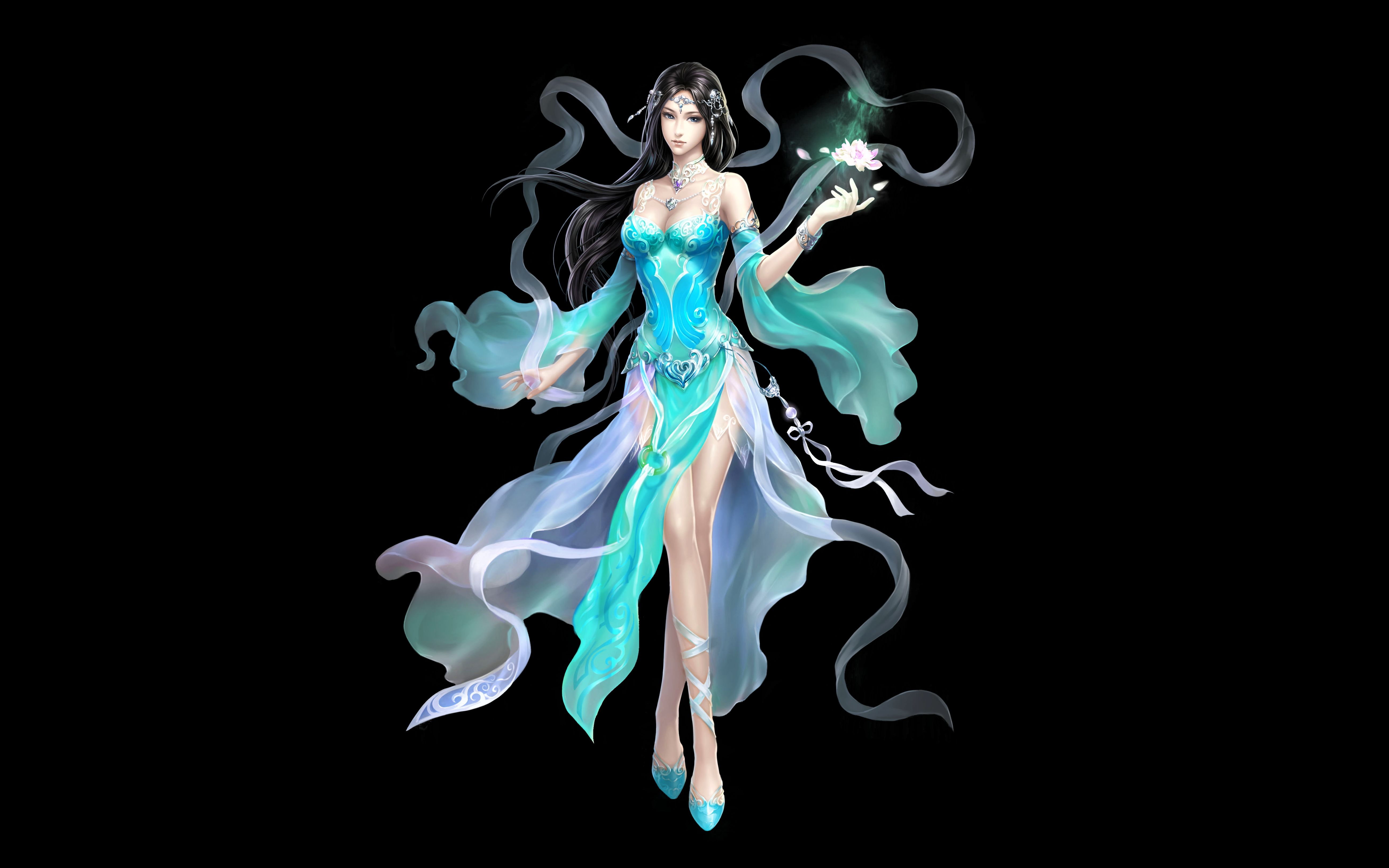 video game, league of angels, black hair, blue dress, fantasy, long hair, oriental