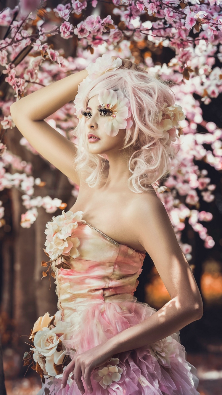 Download mobile wallpaper Flower, Dress, Model, Women, Blossom, Asian, White Hair for free.