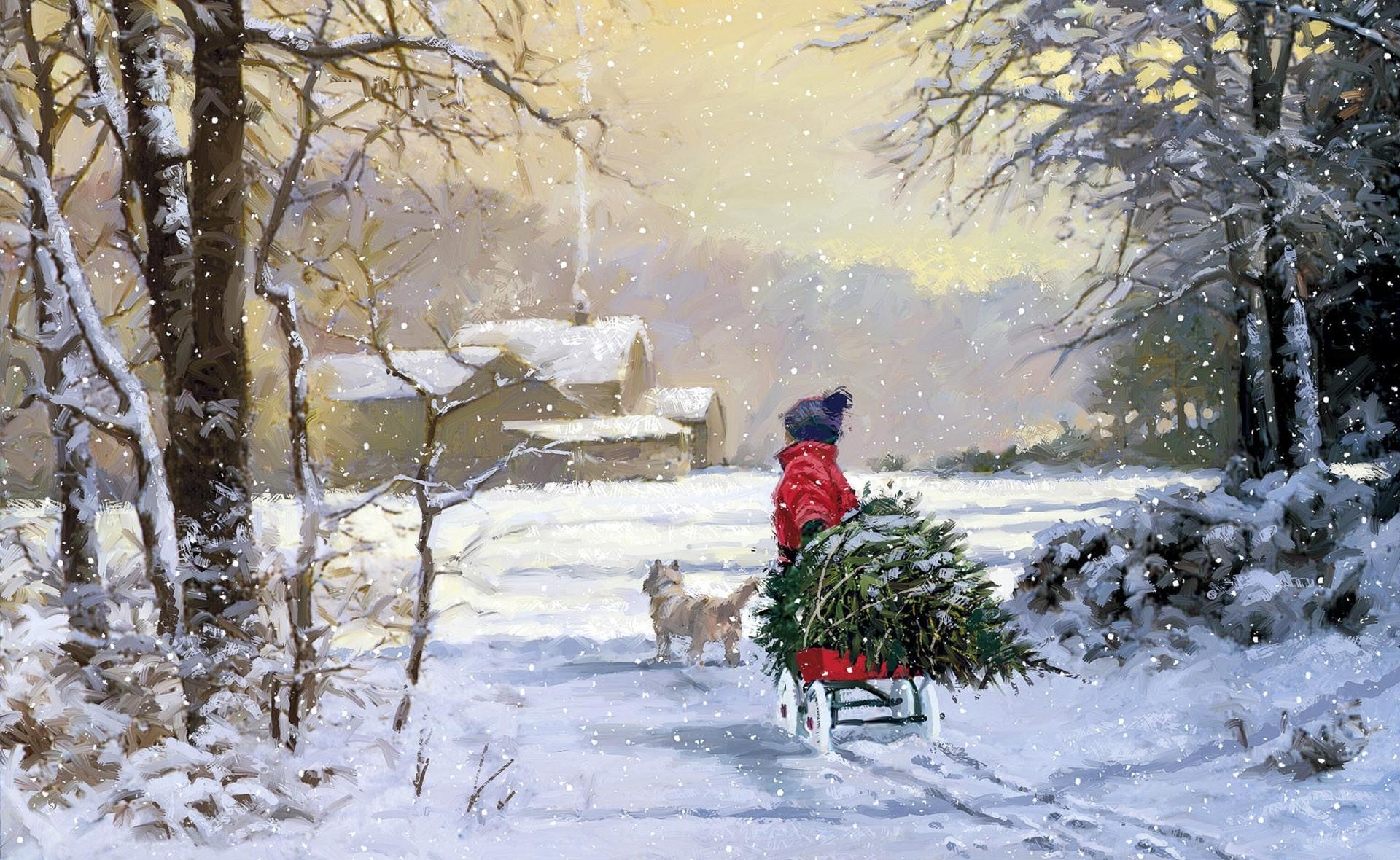 house, person, christmas tree, holidays, winter, smoke, picture, human, sleigh, sledge 1080p