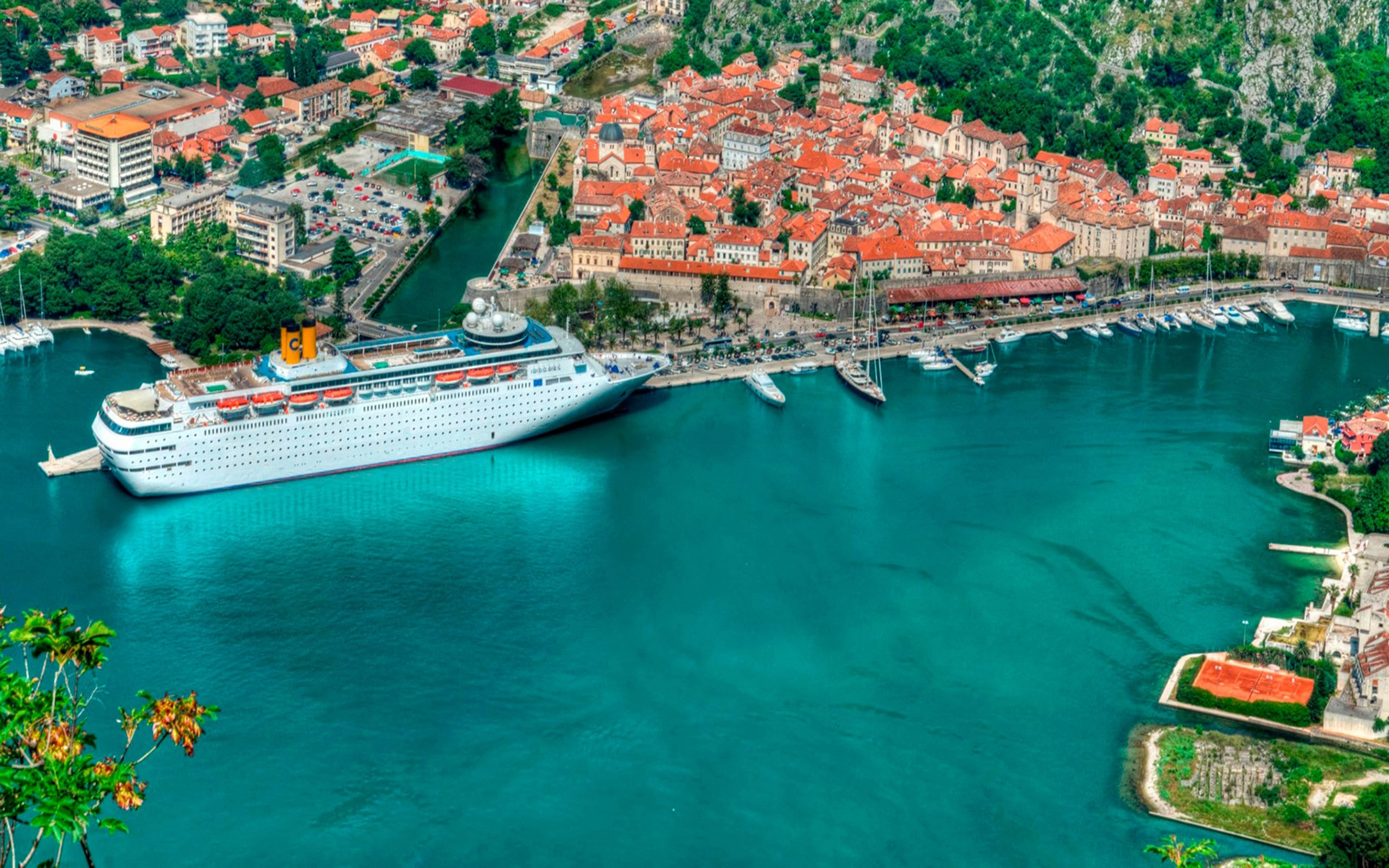 montenegro, vehicles, ocean, sea, town, vehicle, cruise ship