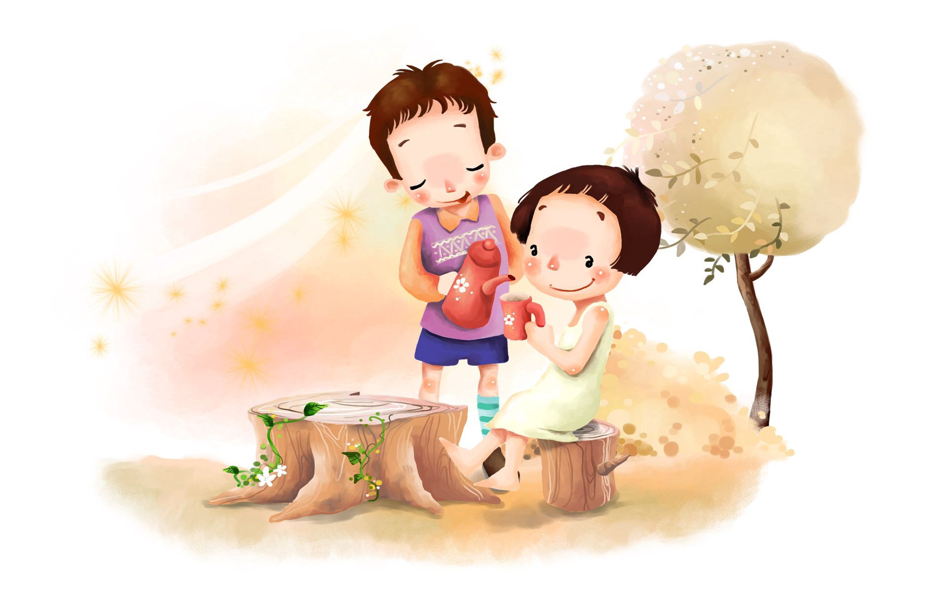 flowers, miscellanea, miscellaneous, wood, tree, picture, drawing, girl, foliage, positive, polyana, glade, wind, tea drinking, tea party, boy, childhood