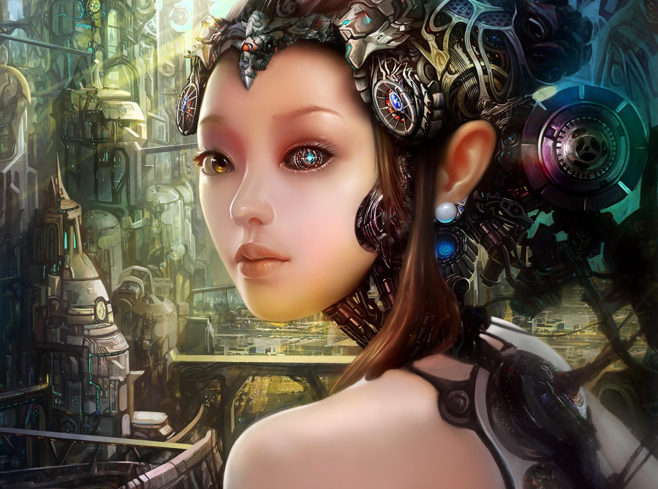 Download mobile wallpaper City, Robot, Cyborg, Fantasy, Girl for free.