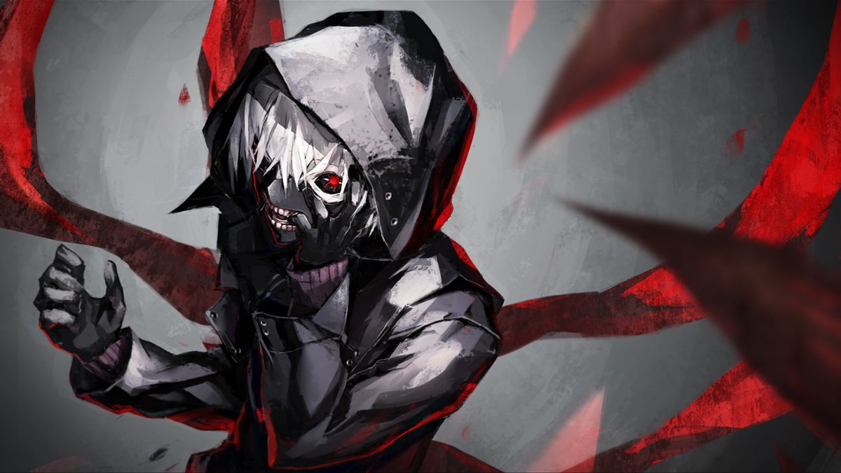 anime, ken kaneki, <b>tokyo</b> <b>ghoul</b>, white hair, mask, glove, hood, jacket, kagu...