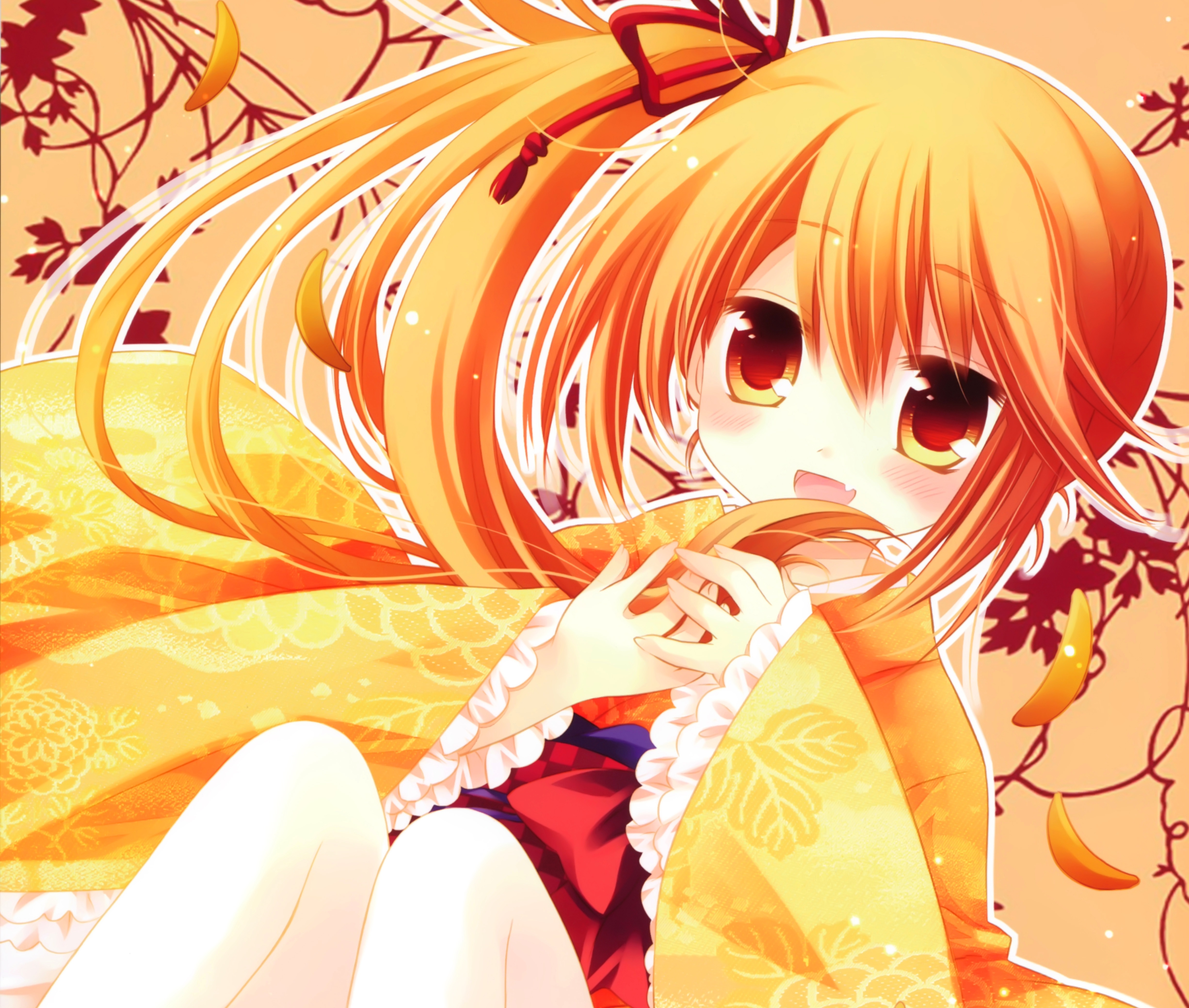 Download mobile wallpaper Anime, Smile, Kimono, Original, Blush, Orange Hair, Orange Eyes for free.