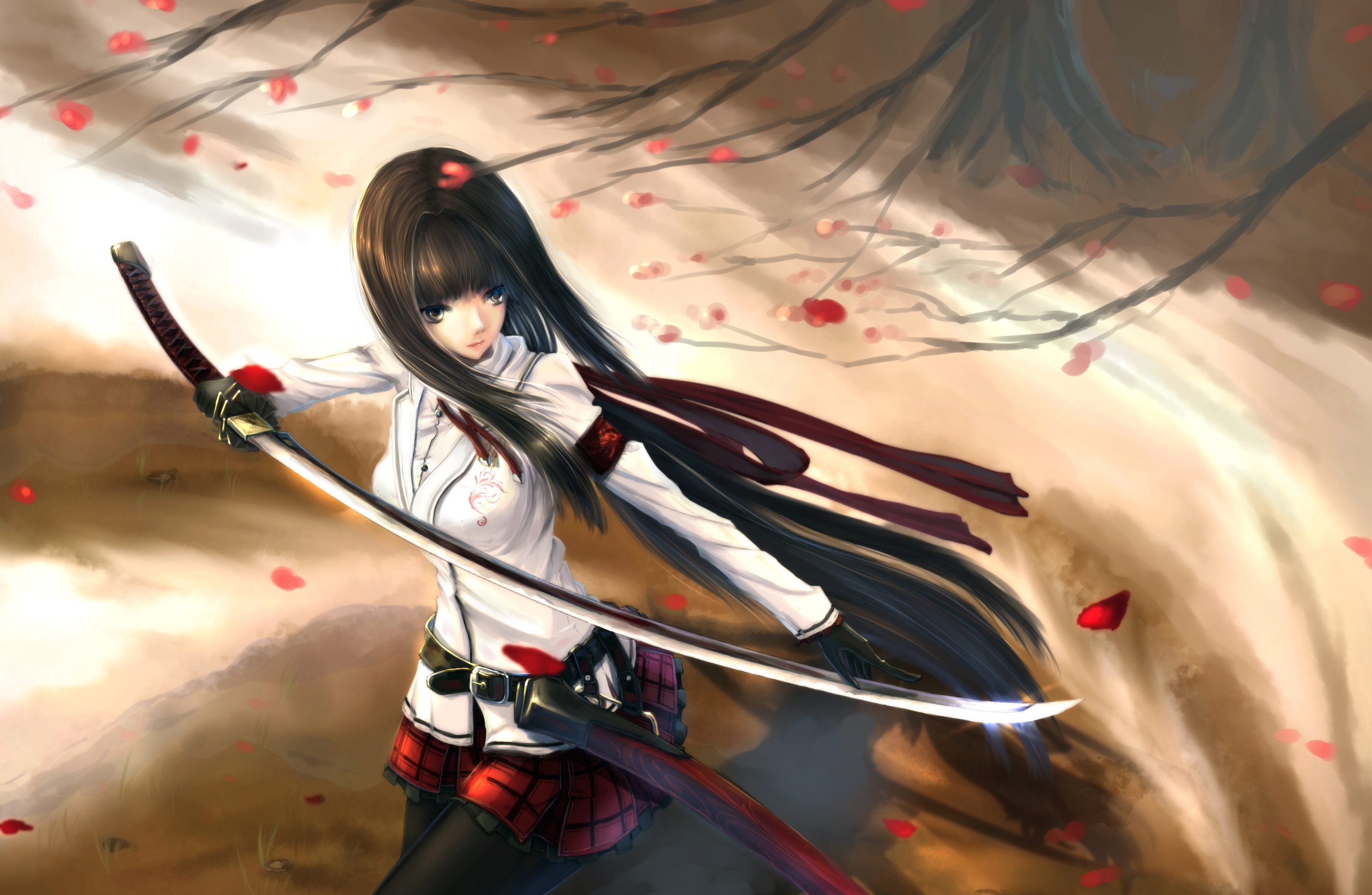 Free download wallpaper Anime, Petal, Sword, Original, Black Hair, Long Hair, Woman Warrior on your PC desktop