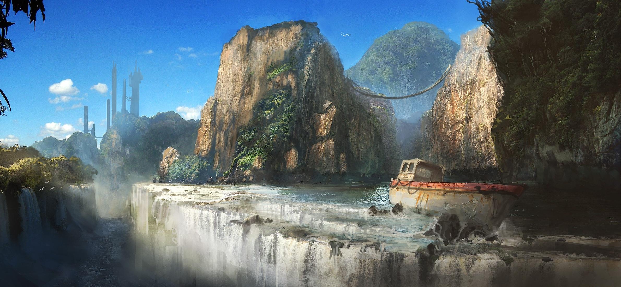 fantasy, ship, rocks, waterfall, break, precipice, skyscrapers Image for desktop