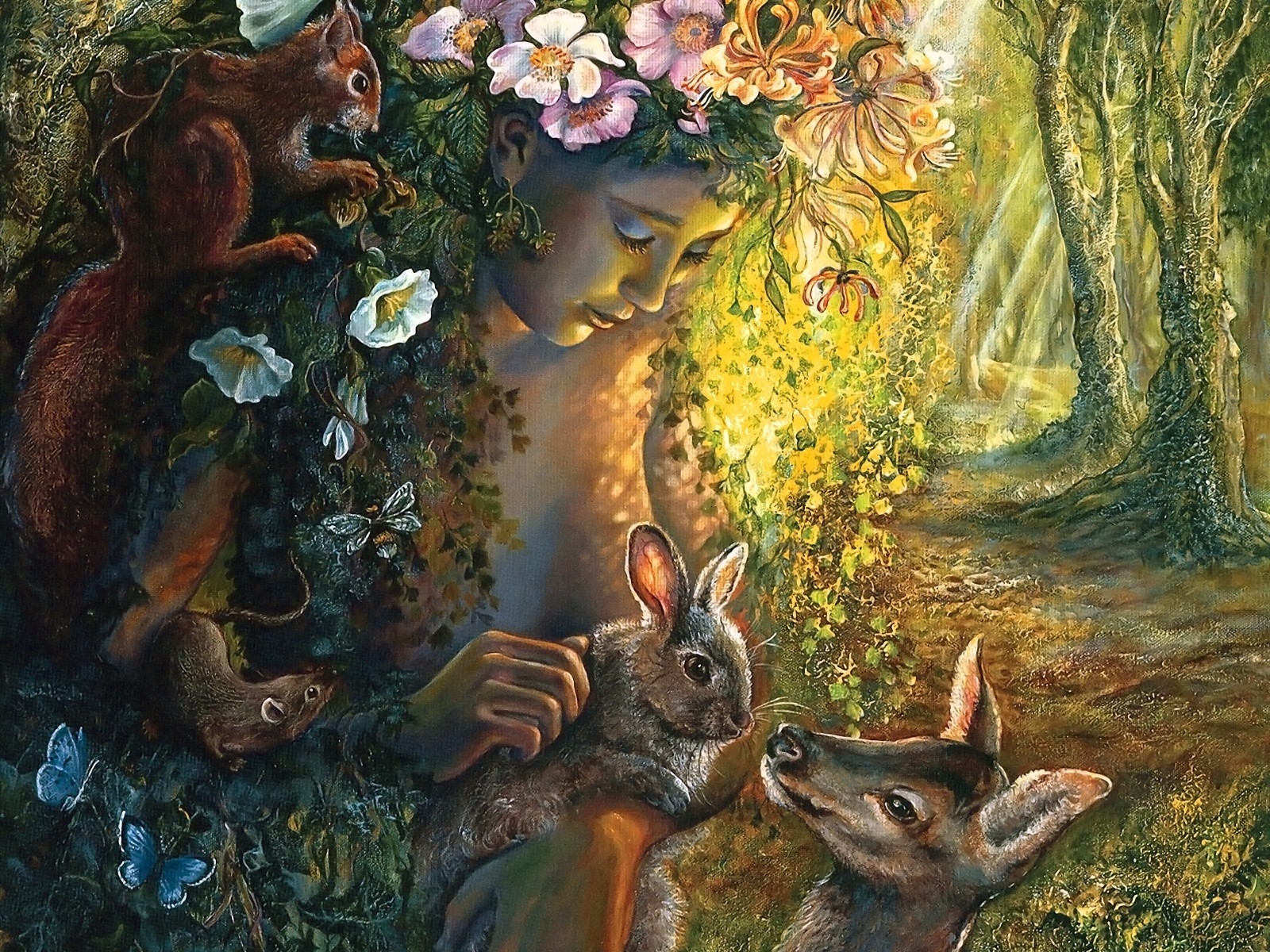 Full HD Wallpaper fantasy, women, deer, rabbit, squirrel
