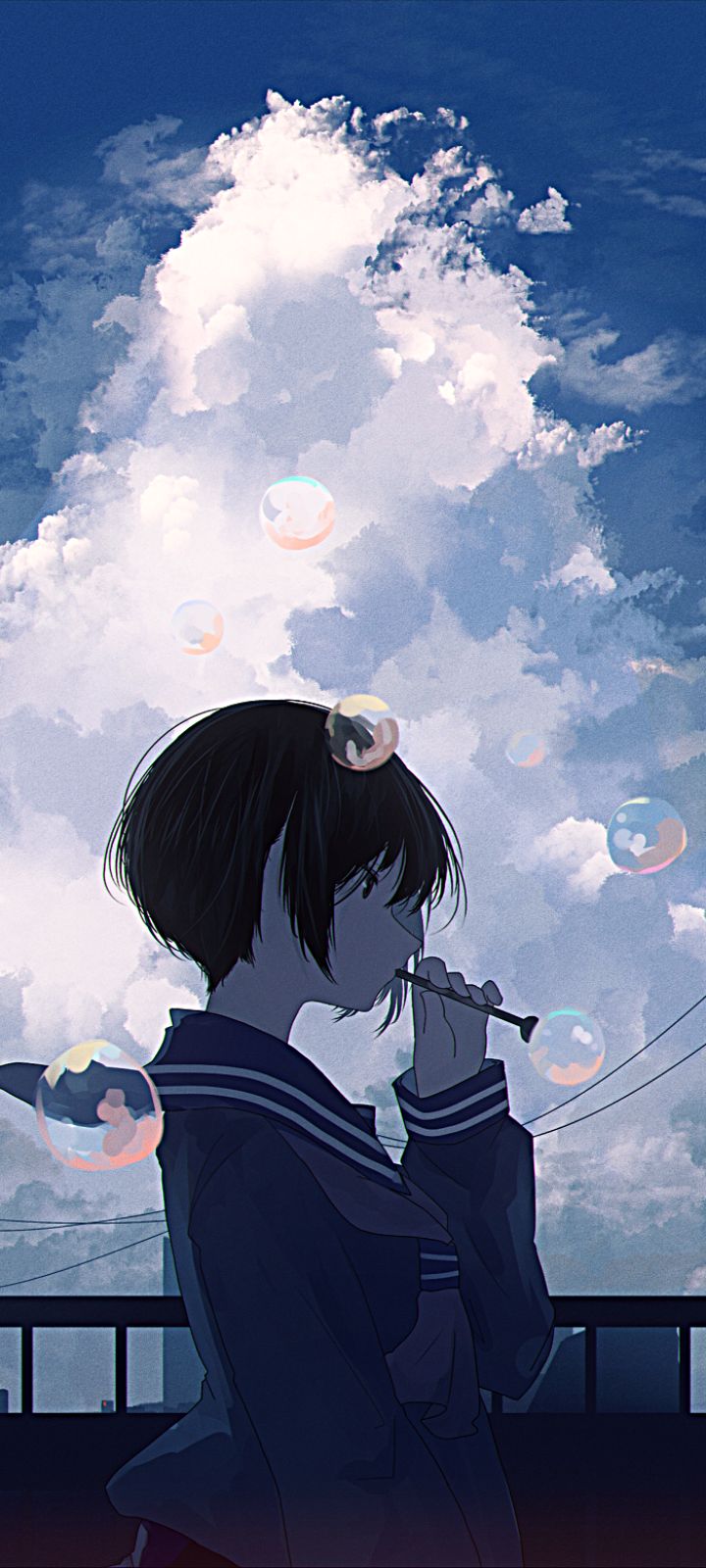 Download mobile wallpaper Anime, City, Girl, Bubble, Black Hair, Short Hair for free.