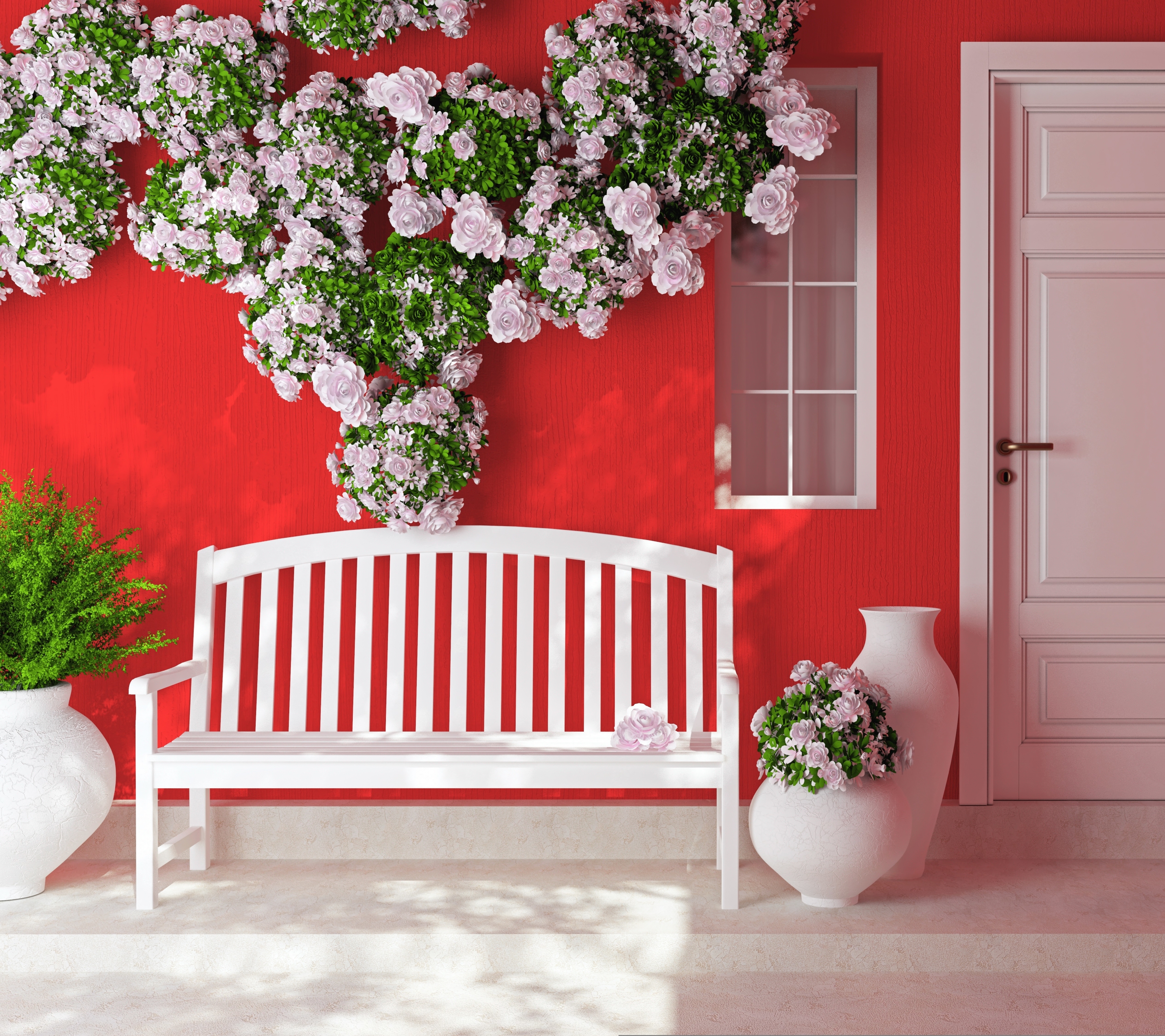 Laden Sie das Bank, Blume, Vase, Tür, Menschengemacht, Pinke Blume-Bild kostenlos auf Ihren PC-Desktop herunter