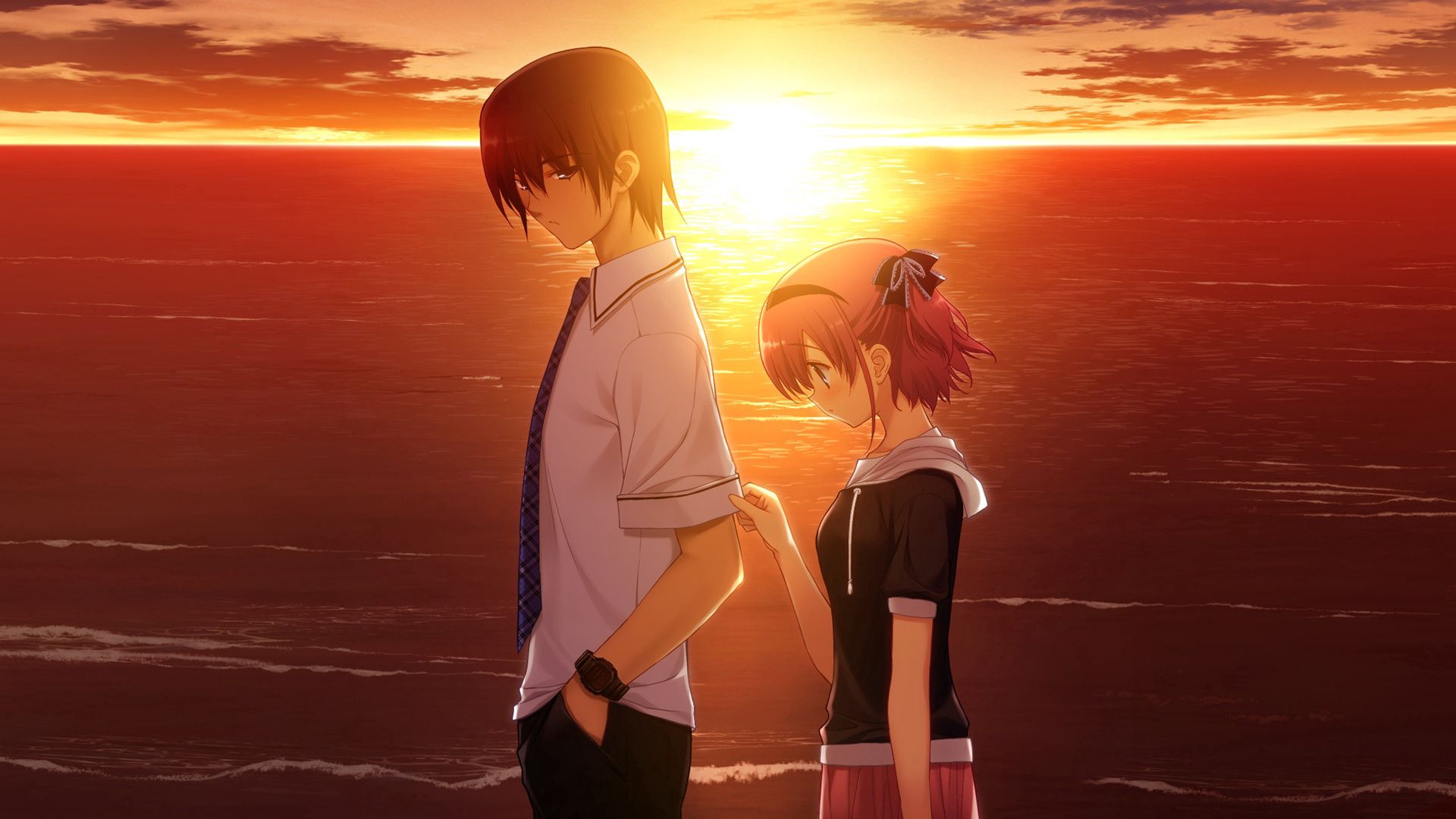 anime, girl, sunset, sadness, guy, sorrow Panoramic Wallpaper