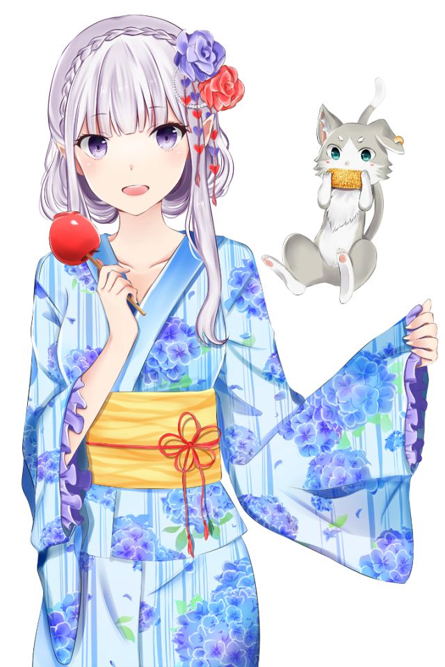 Download mobile wallpaper Anime, Cat, Kimono, Purple Eyes, Grey Hair, Emilia (Re:zero), Re:zero Starting Life In Another World, Pack (Re:zero) for free.
