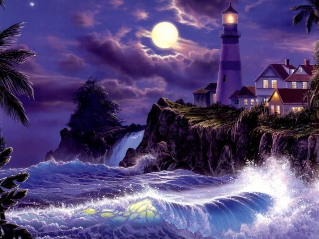 Free download wallpaper Night, Moon, Lighthouse, Painting, Storm, Artistic, Wave on your PC desktop