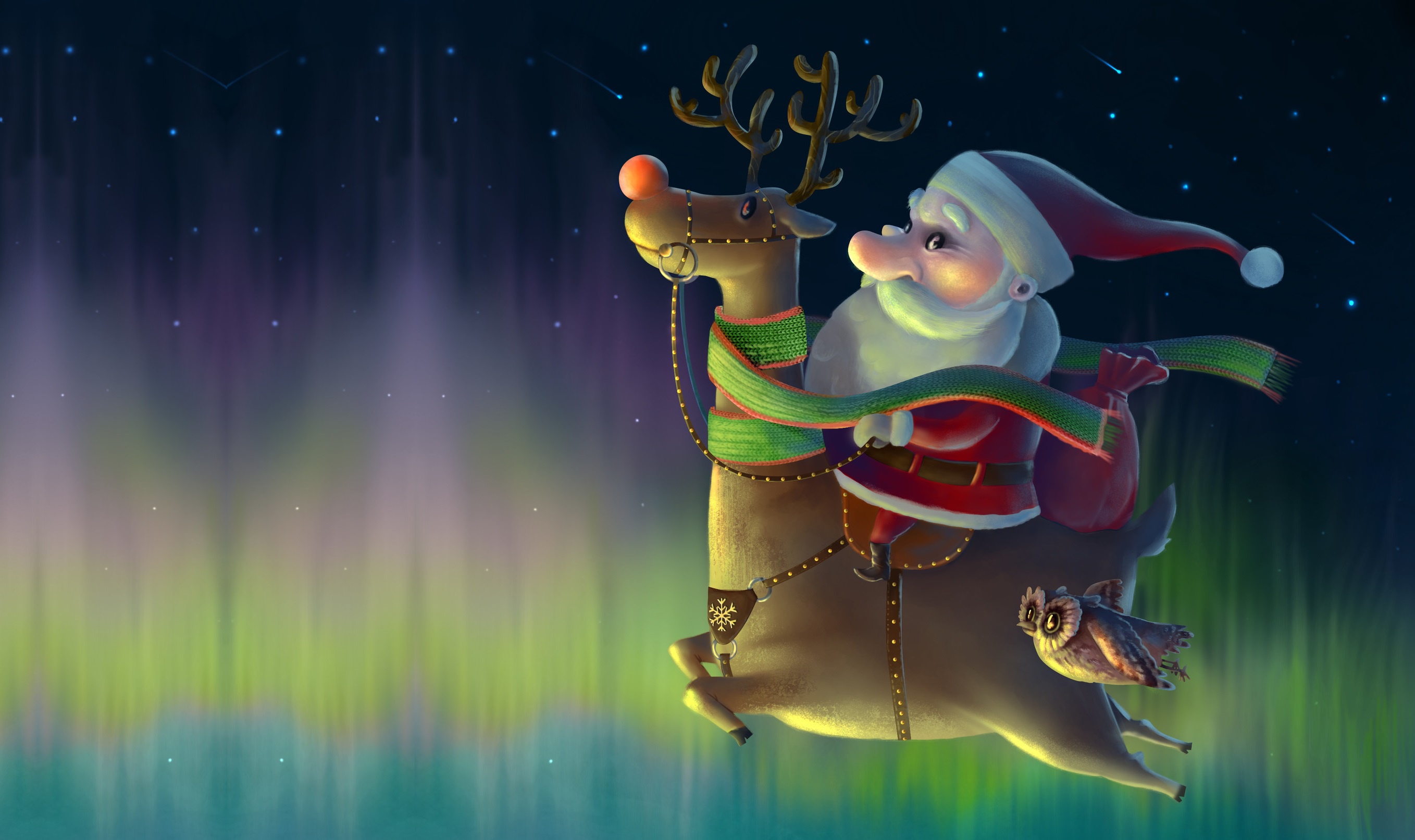 Download mobile wallpaper Christmas, Holiday, Aurora Borealis, Santa, Santa Hat, Reindeer for free.
