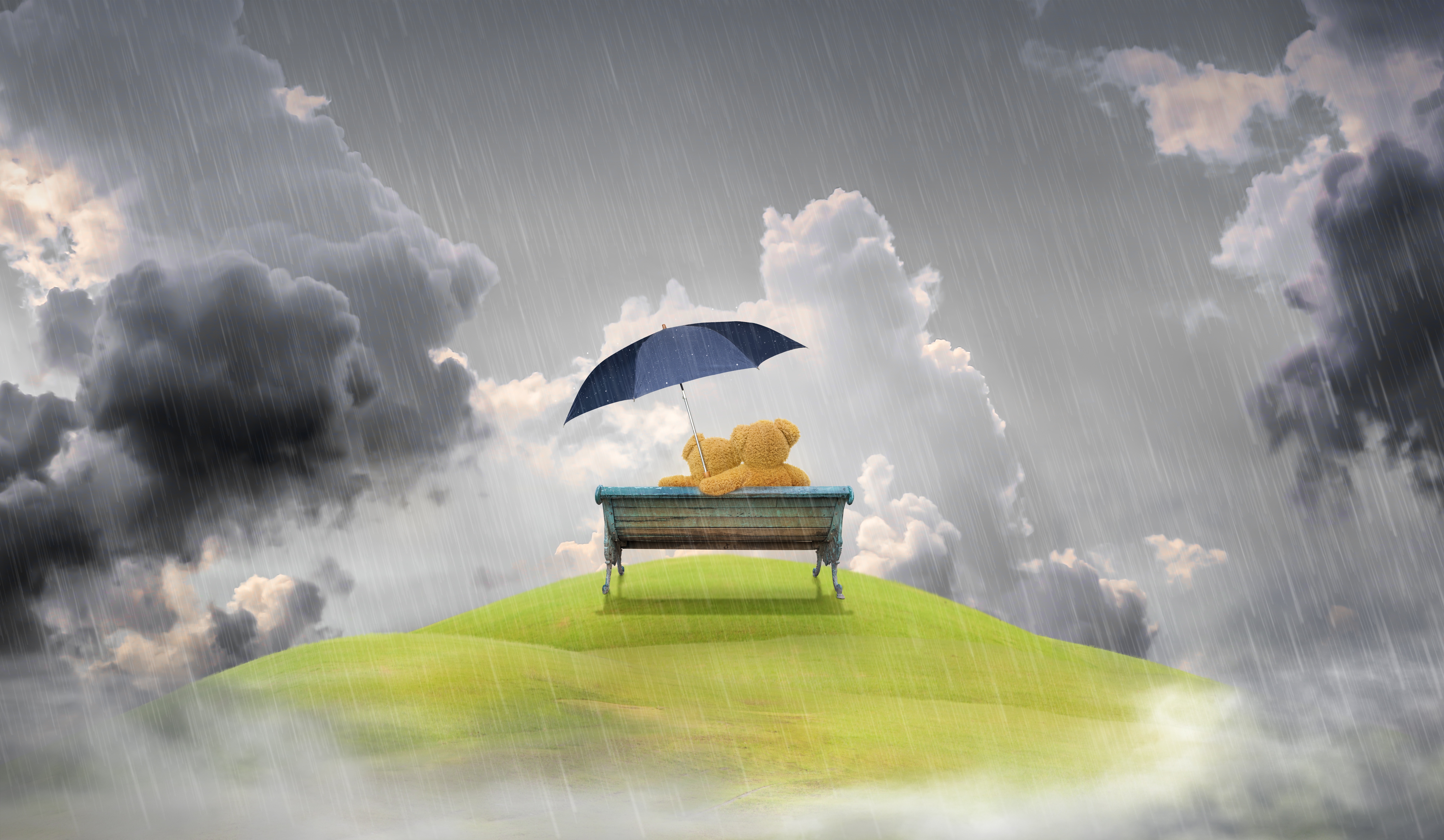 love, teddy bear, rain, bench QHD