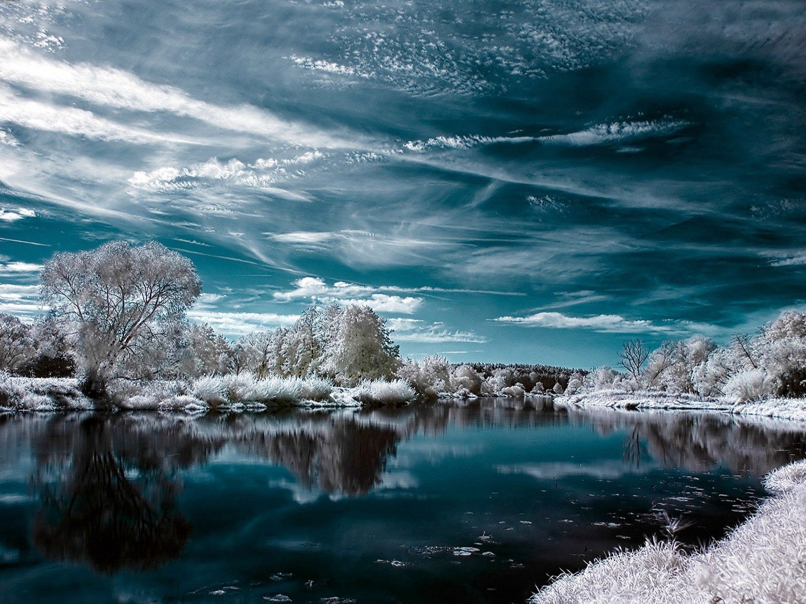 113438 скачать обои отражение, иней, зима, природа, деревья, облака, озеро, цвета - заставки и картинки бесплатно