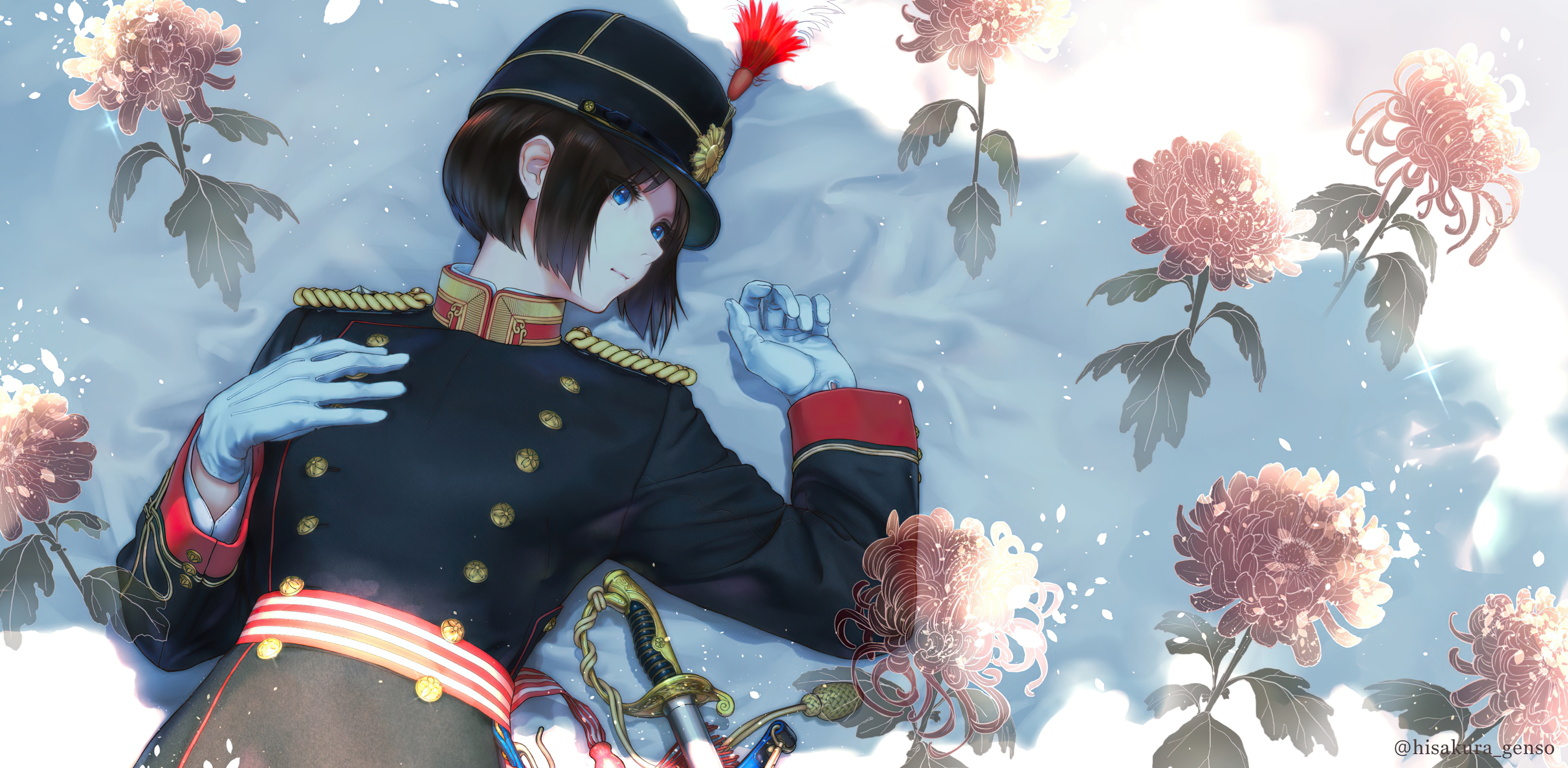 Laden Sie das Schnee, Blume, Hut, Handschuh, Blaue Augen, Original, Animes, Braune Haare, Kurzes Haar-Bild kostenlos auf Ihren PC-Desktop herunter