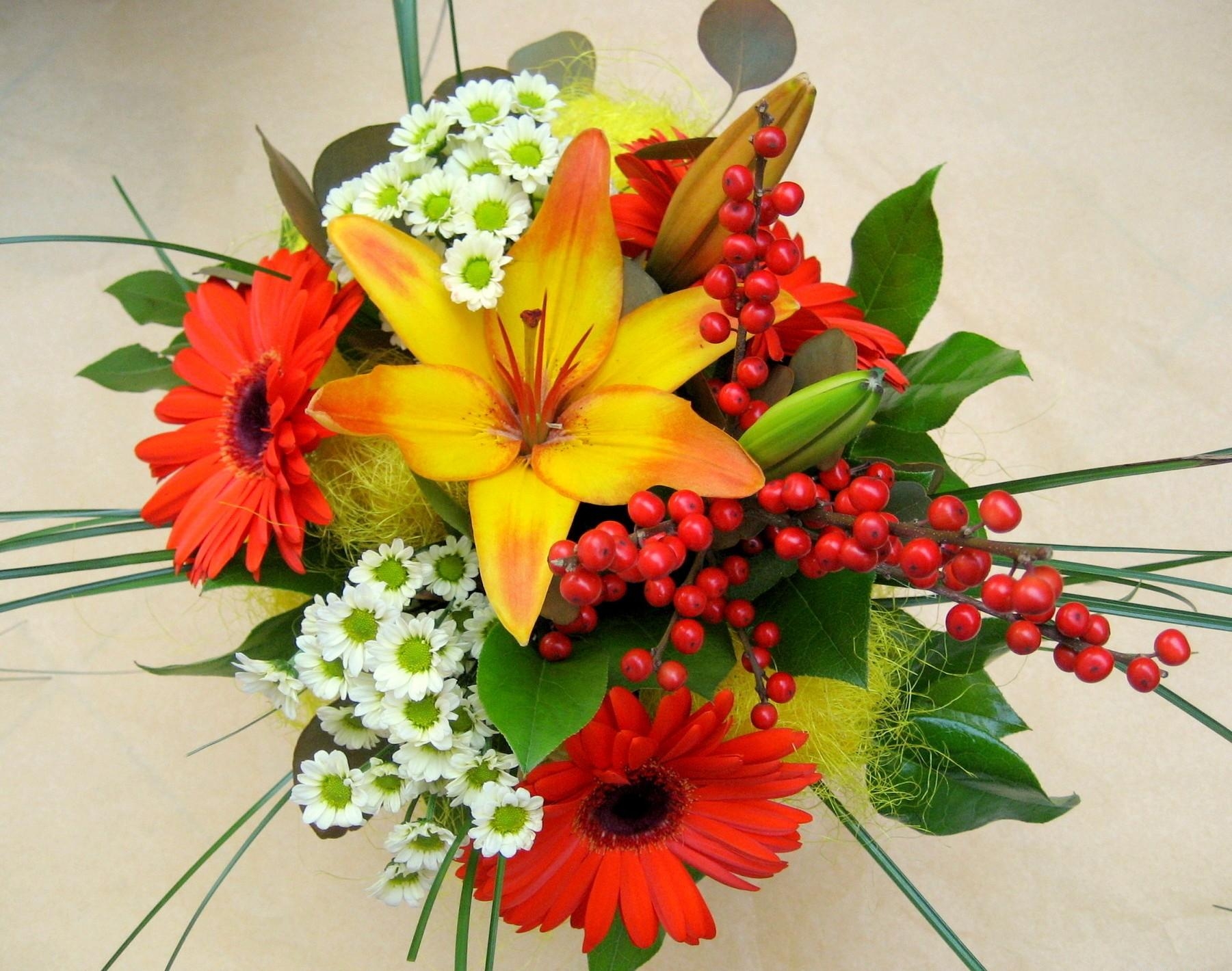 Download mobile wallpaper Leaves, Lilies, Bouquet, Flowers, Chrysanthemum, Gerberas for free.