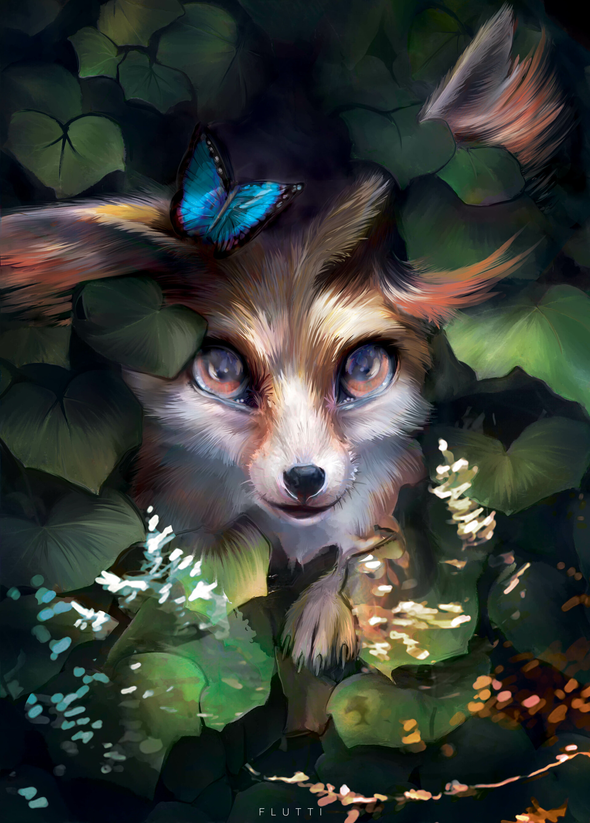 fox, nice, art, butterfly, leaves, sweetheart