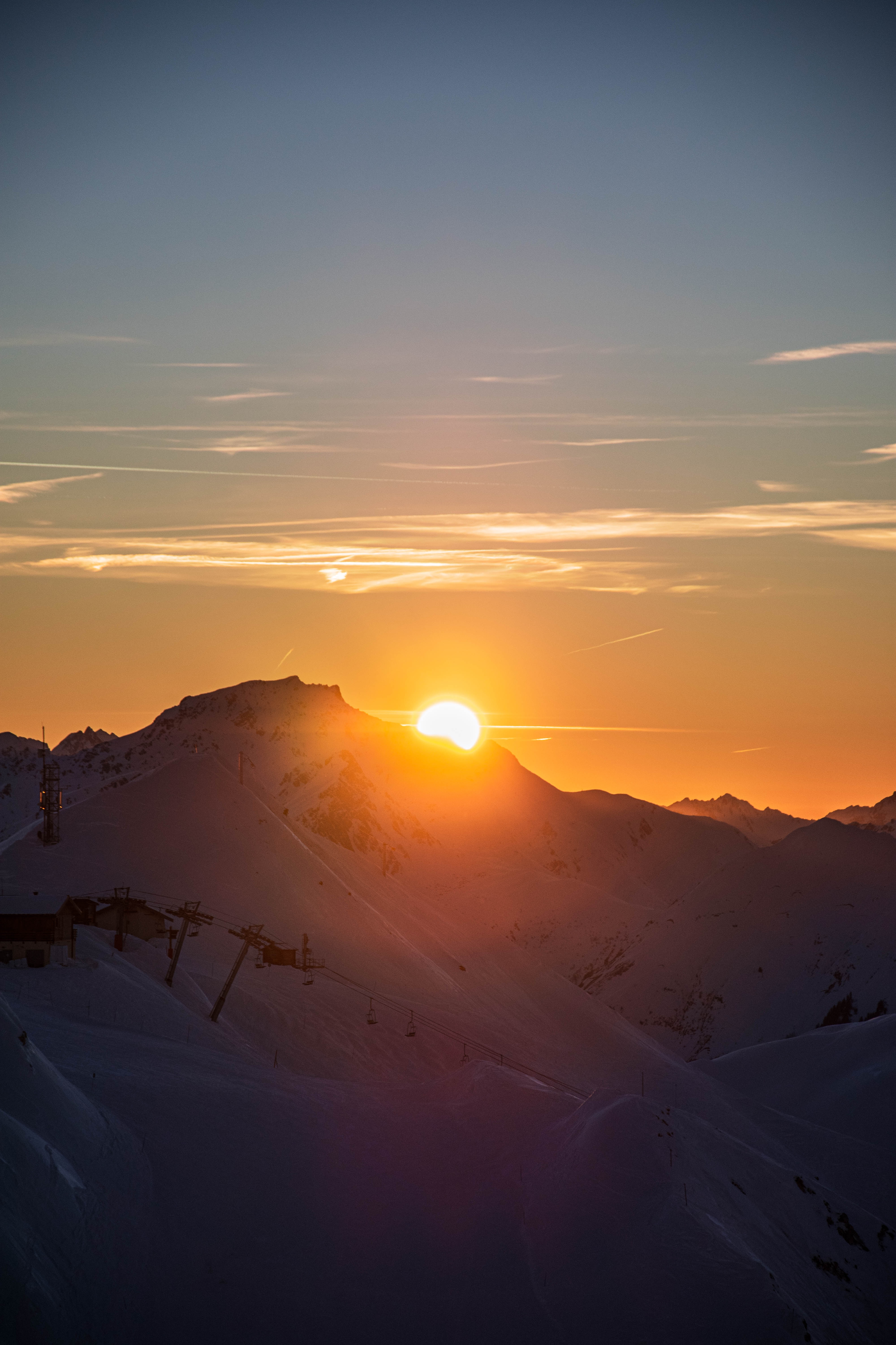 PCデスクトップに自然, 日没, 山脈, サン, 雪, 風景画像を無料でダウンロード