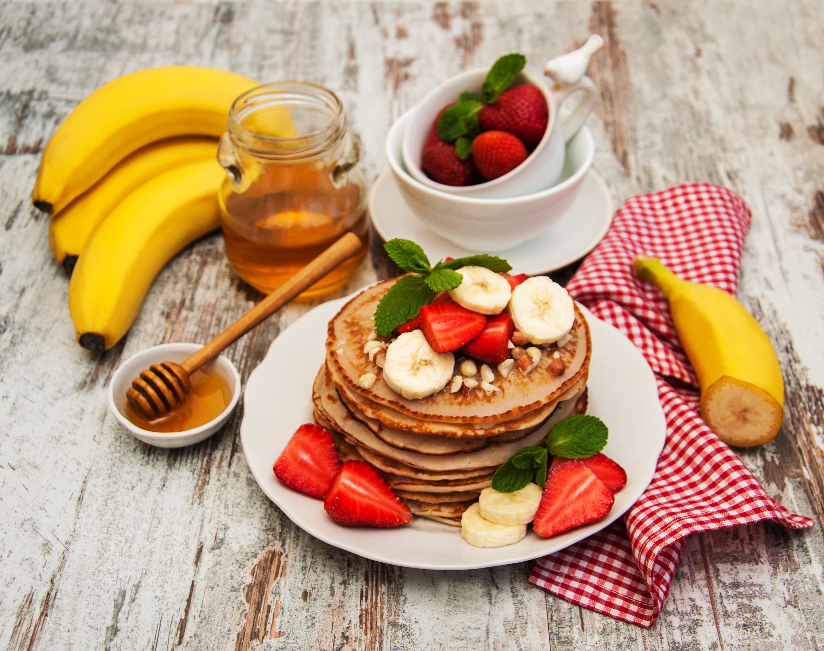 Download mobile wallpaper Food, Strawberry, Still Life, Berry, Fruit, Honey, Banana, Breakfast, Pancake for free.