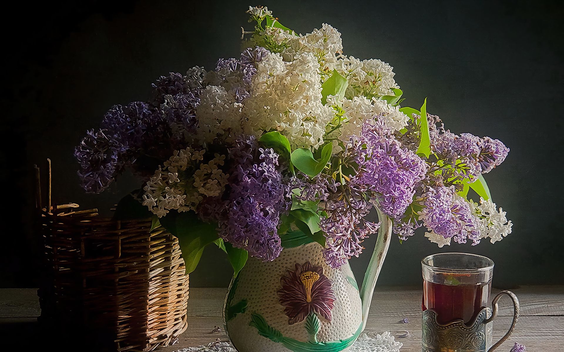 Download mobile wallpaper Lilac, Still Life, Flower, Vase, Basket, Photography, White Flower, Purple Flower for free.