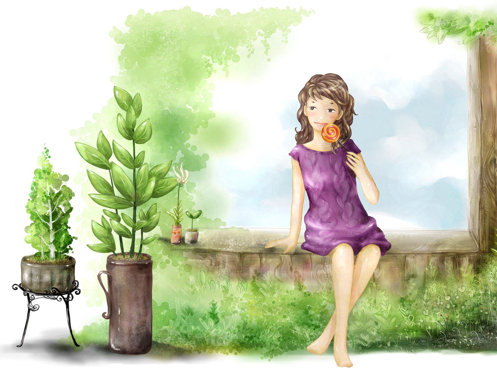 Free download wallpaper Summer, Miscellanea, Miscellaneous, Picture, Drawing, Girl, Plants on your PC desktop