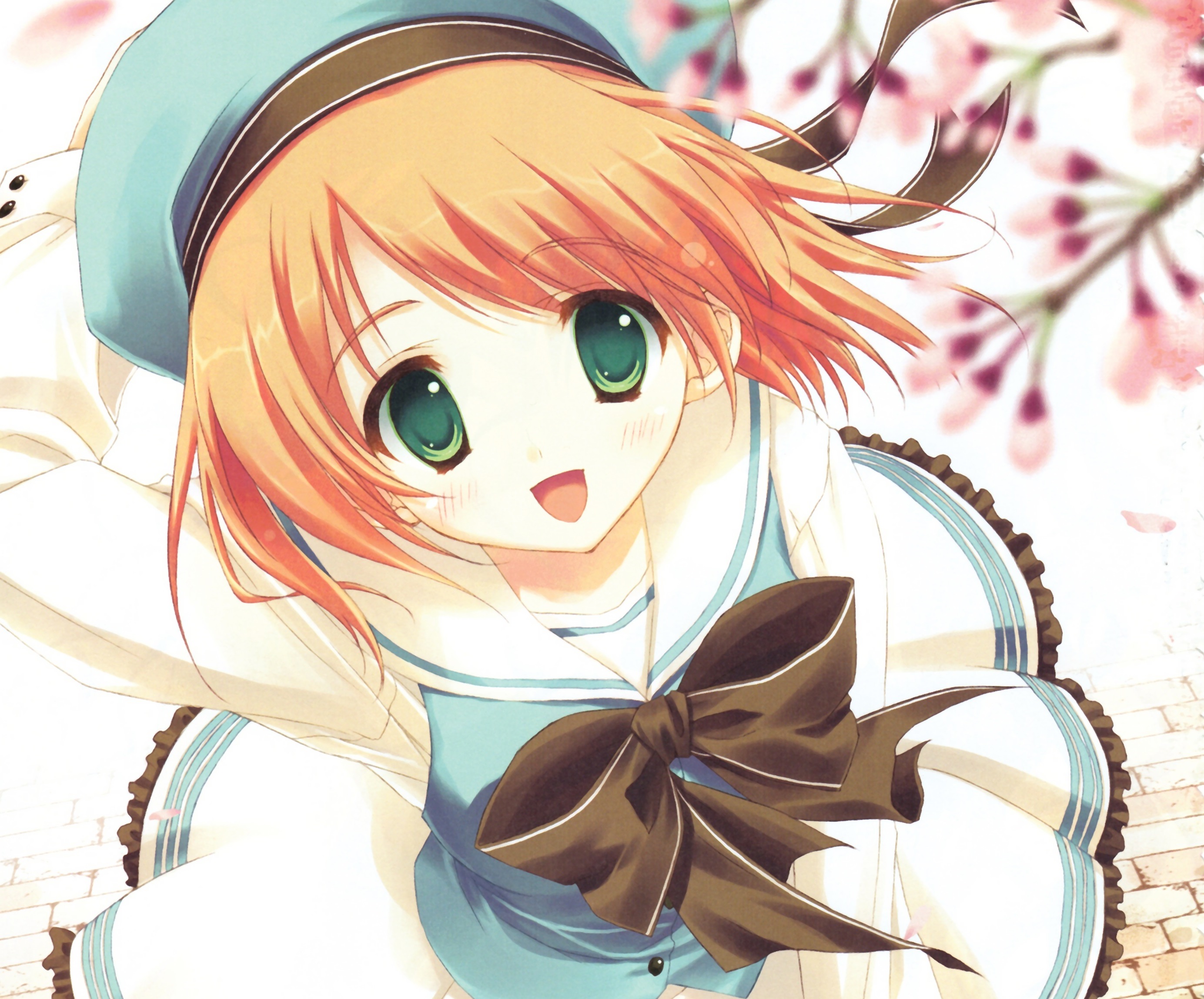 Download mobile wallpaper Anime, Hat, Green Eyes, Cherry Blossom, Original, Brown Hair, Short Hair for free.
