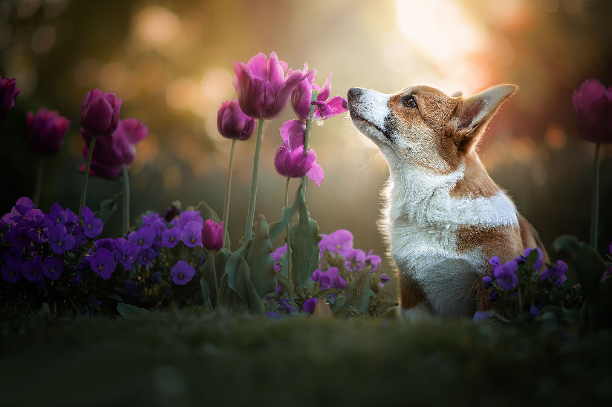 無料モバイル壁紙動物, チューリップ, 花, 犬, コーギー, 紫色の花をダウンロードします。