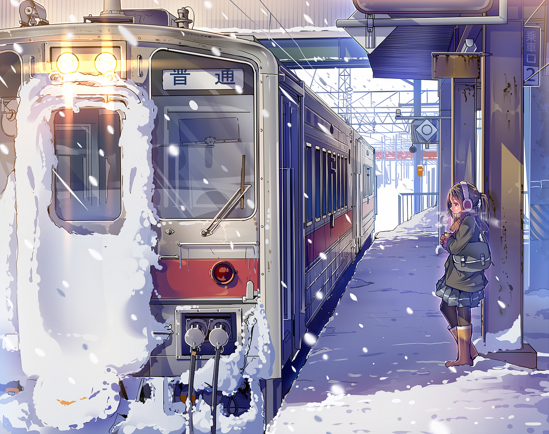 anime, train, train station, winter
